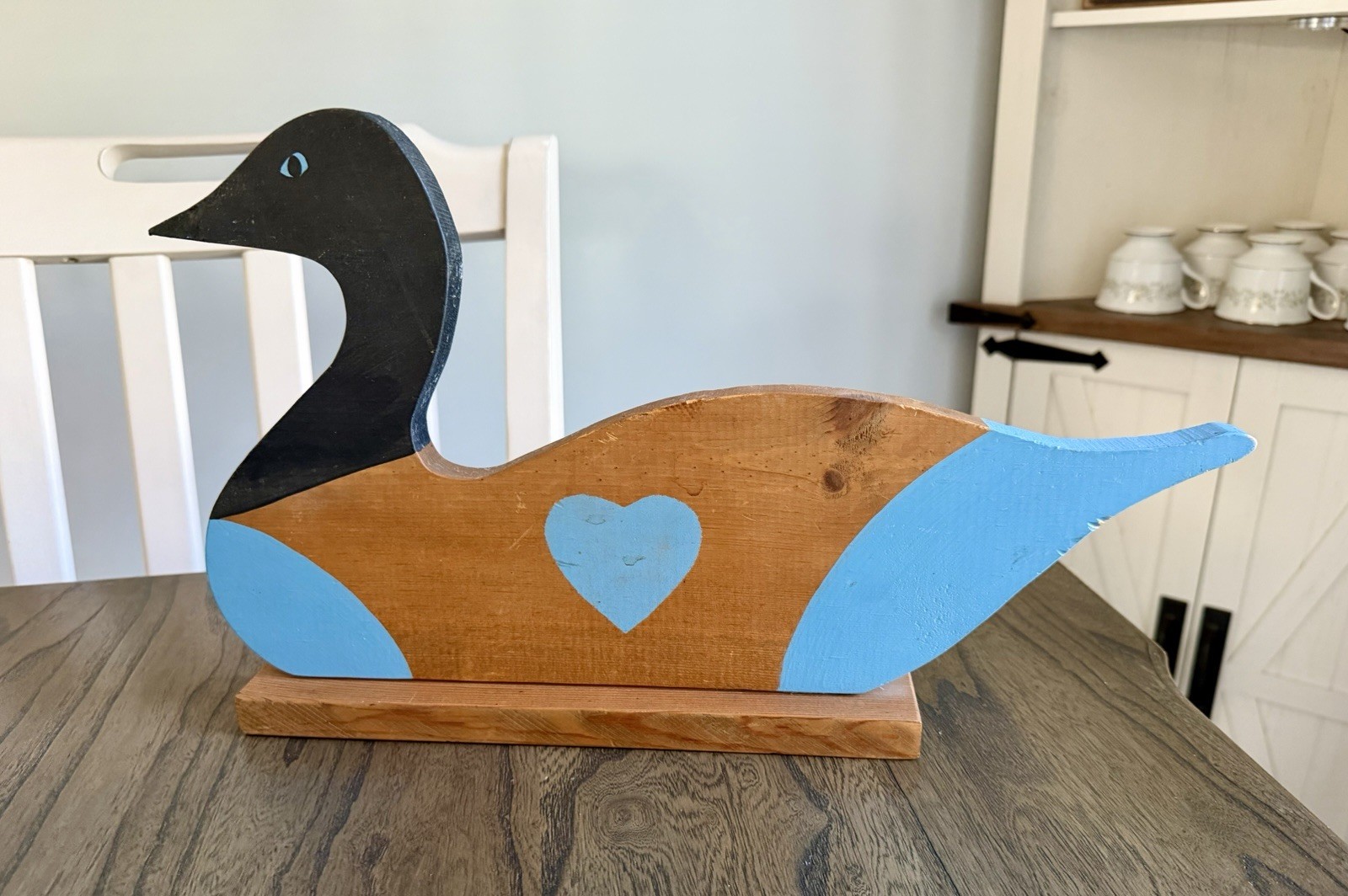 Vintage Hand Painted Wooden Folk Art Goose Sculpture Blue Heart Country Cottage Vintage Hand Painted Wooden Folk Art Goose Sculpture Blue Heart Country Cottage