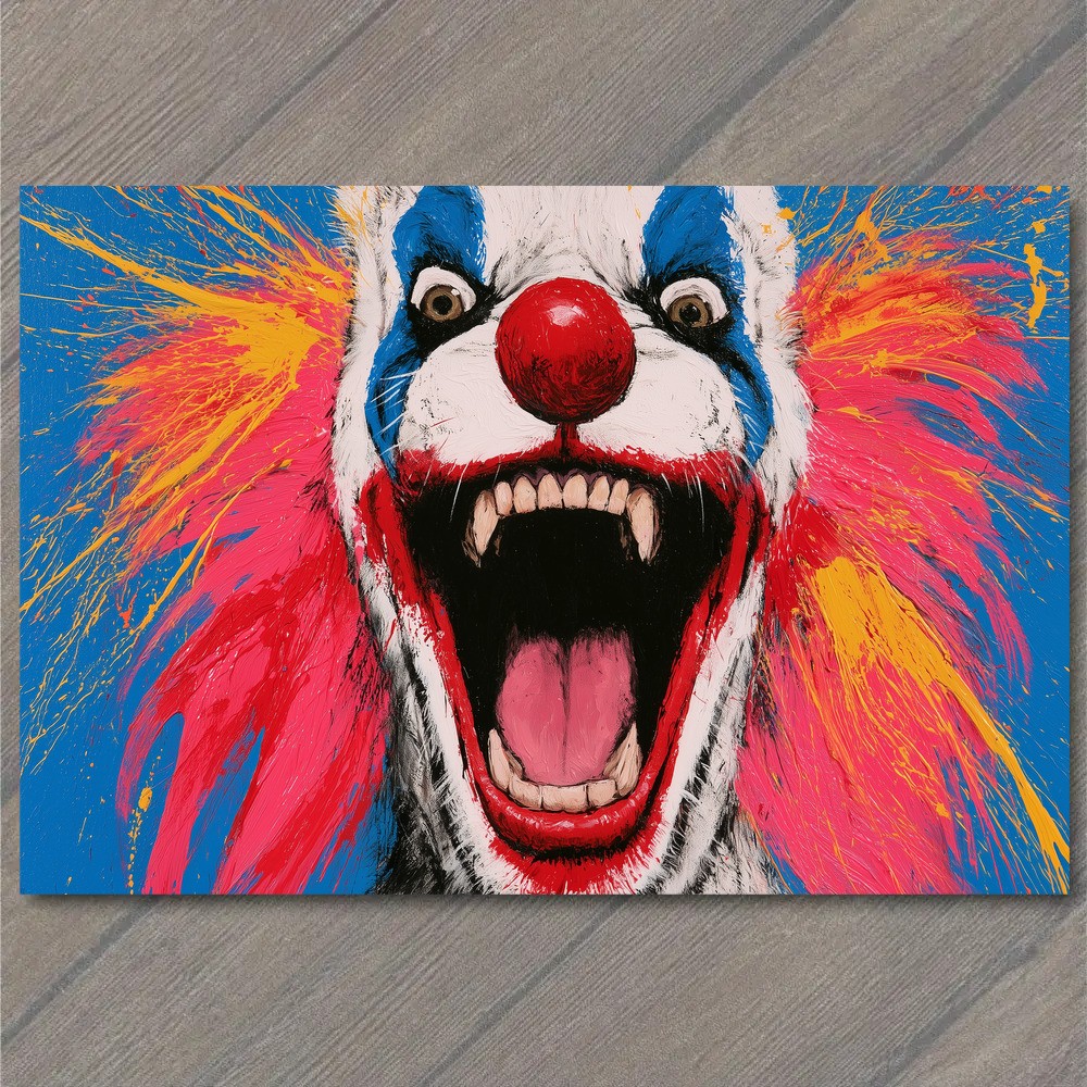 POSTCARD Clown Wolf Monster Snarl Fanged Mouth Blue Background Splatter Paint