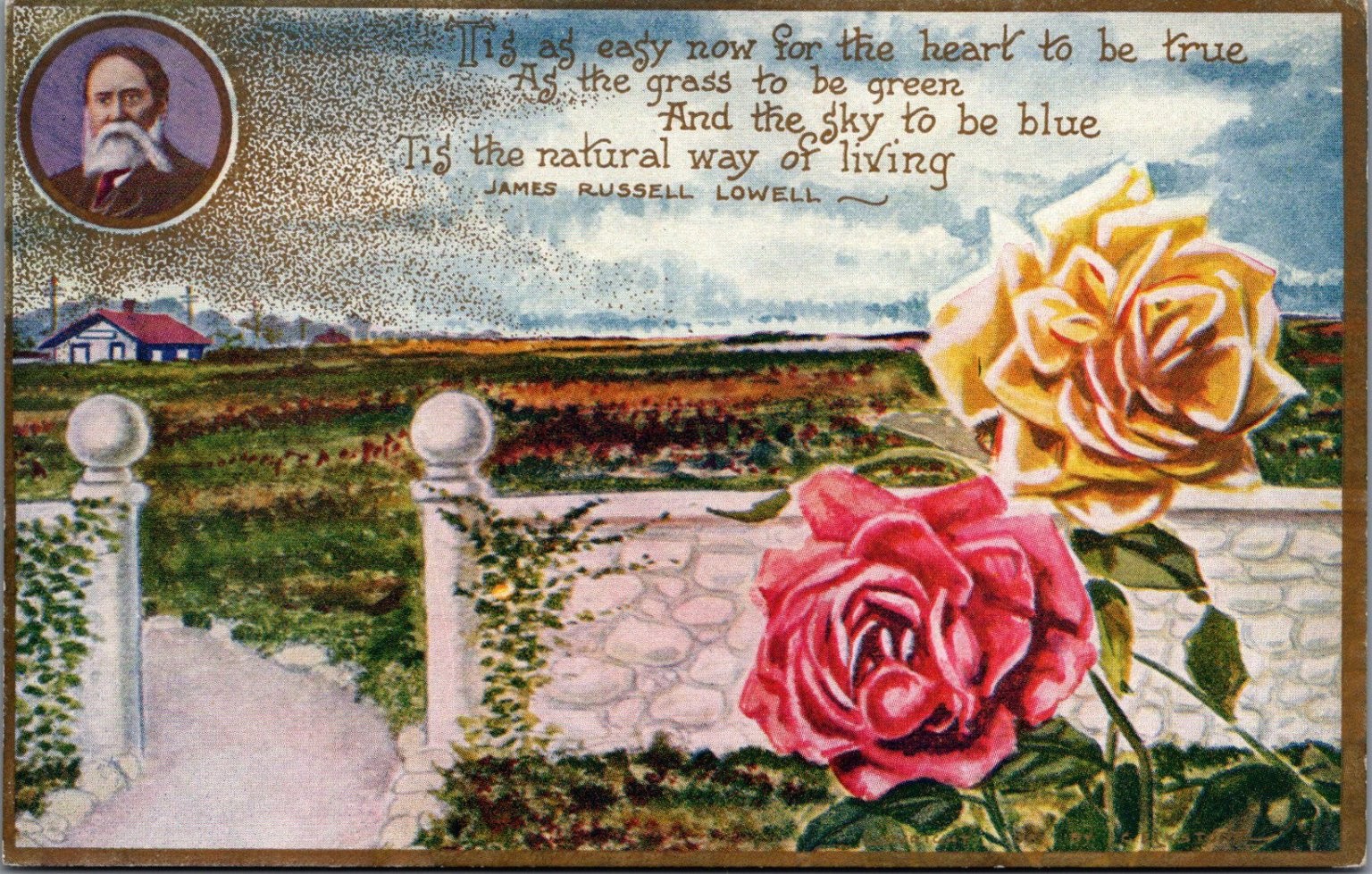 James Russell Lowell Poetry Postcard - Roses Landscape - AEC No. 1015