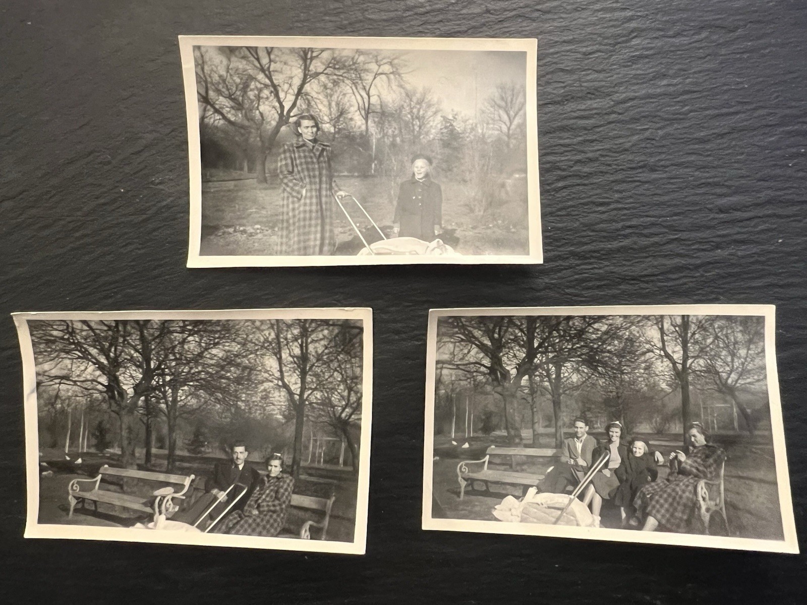 3x Vintage 1950s Photos Family Baby Stroller Pram Park Plaid Coat 