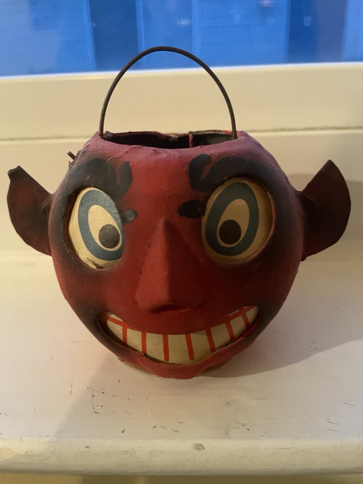 Vintage Germany Halloween red devil  Paper Mache Lantern Wire Handle German