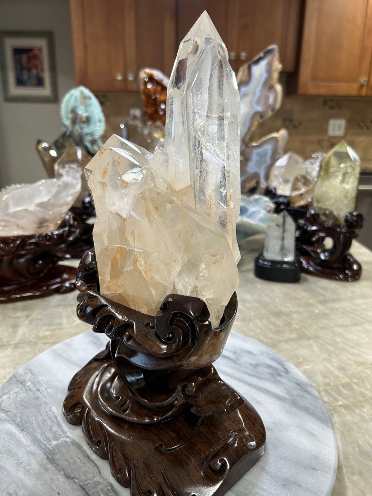Clear Quartz  cluster polished points Freeform removable custom wood stand