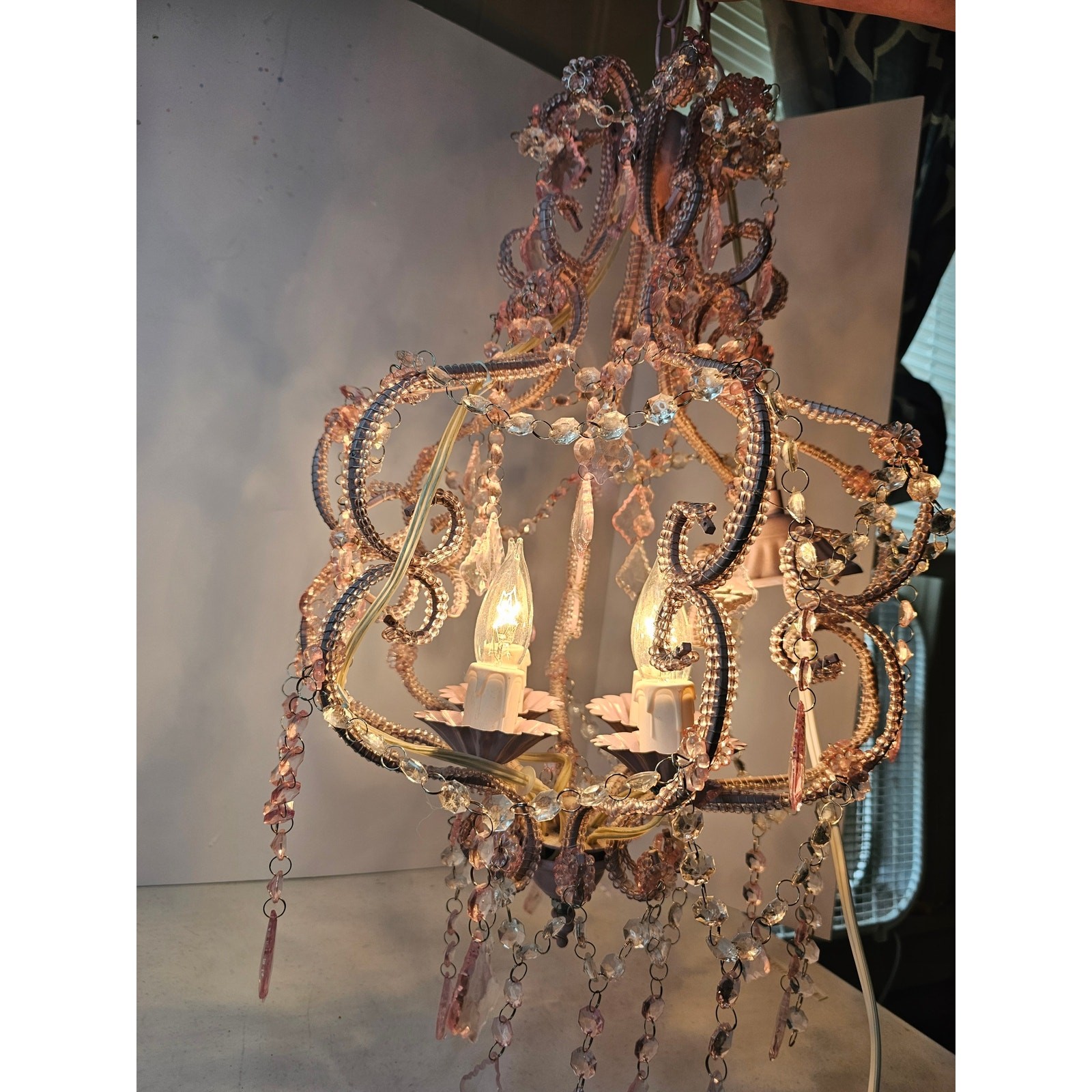 Vintage Pink Beaded Swag Chandelier Plug In Hanging Light