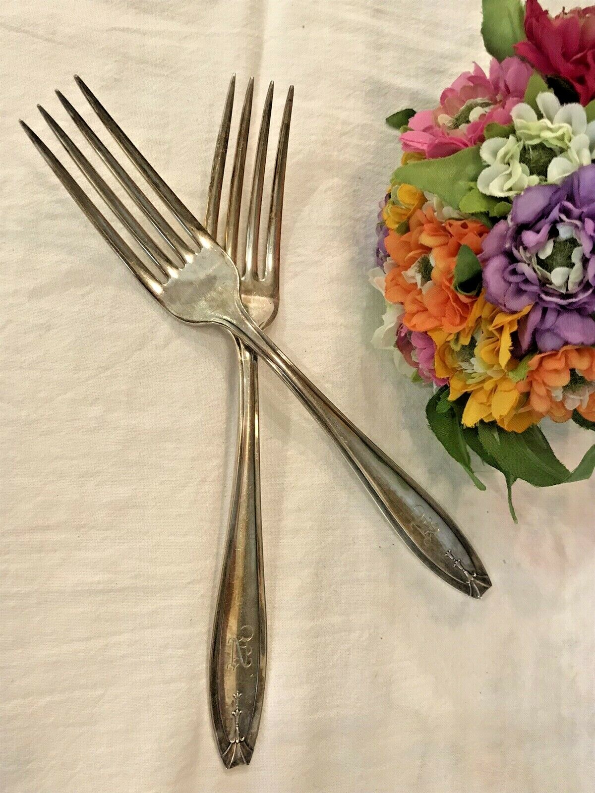Vintage Pair WALLACE 1835R Dinner Forks - Silverplate Engraved with Letter 'N' 