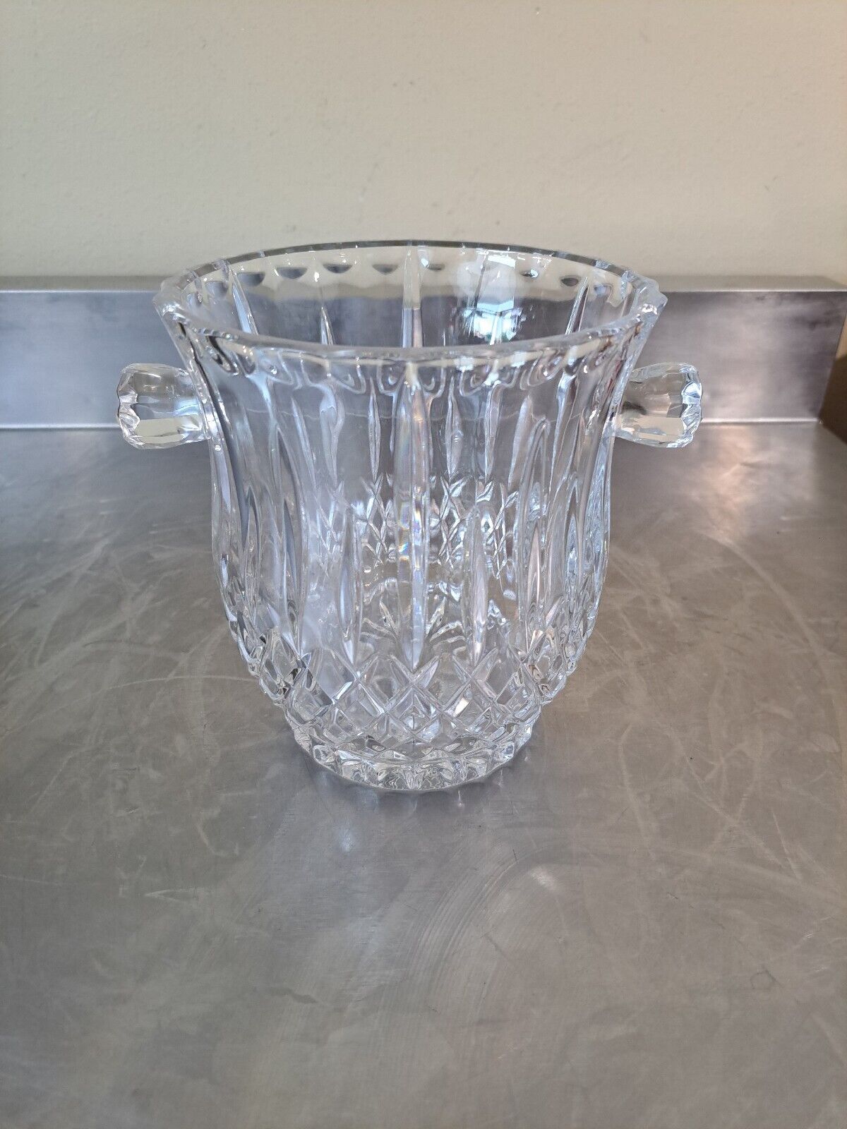 Heavy Pressed Glass MCM Ice Bucket w/ Flutes Deep Grooves Diamonds Star Handles