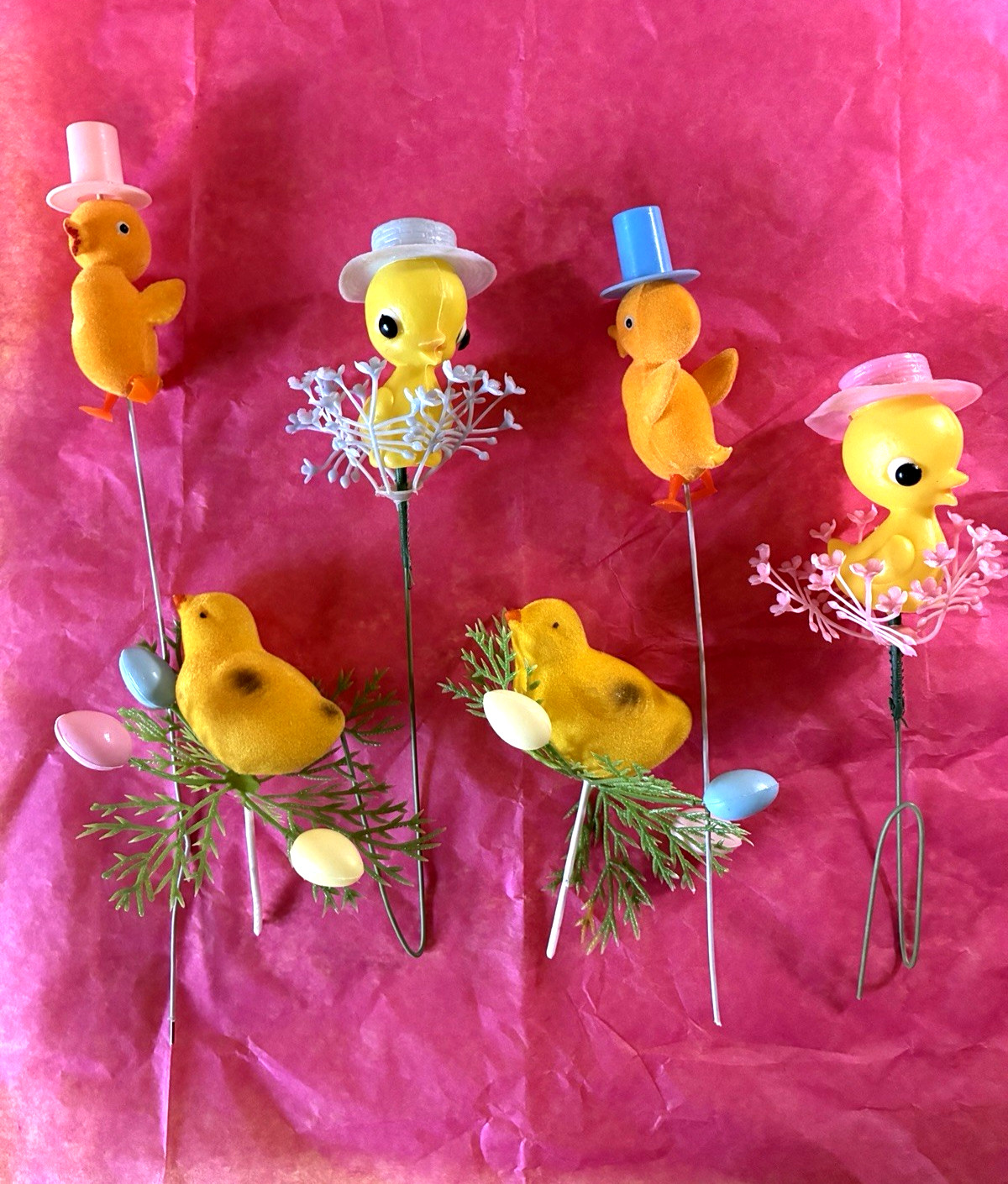 Flocked Florist Floral Planter Picks Easter Chicks Eggs Vtg Decorations 6pc