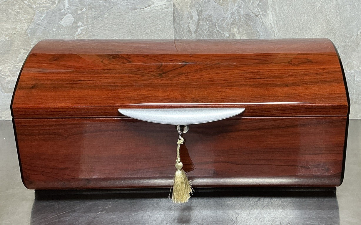 Polished Cherry Wood Locking Cigar Humidor Chest, Cedar Lined With Skeleton Key