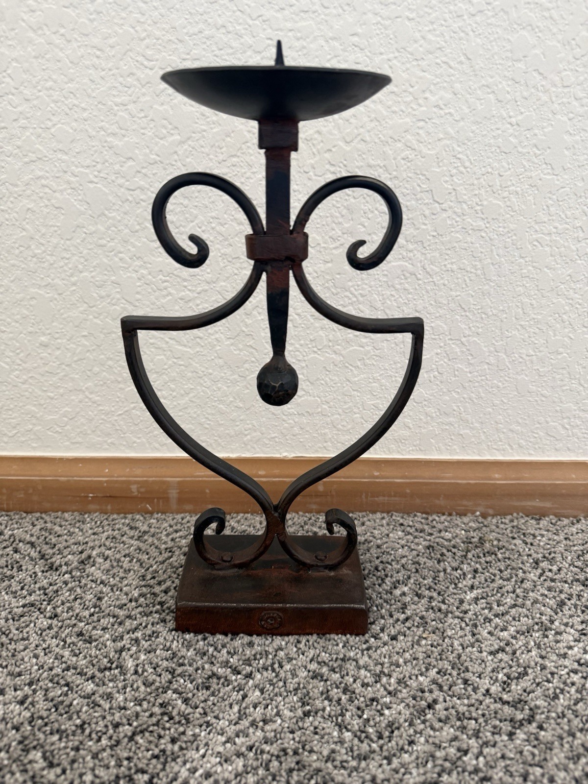 Vintage Jan Barboglio Hand Forged Wrought Iron Shield Pillar Candle Holder