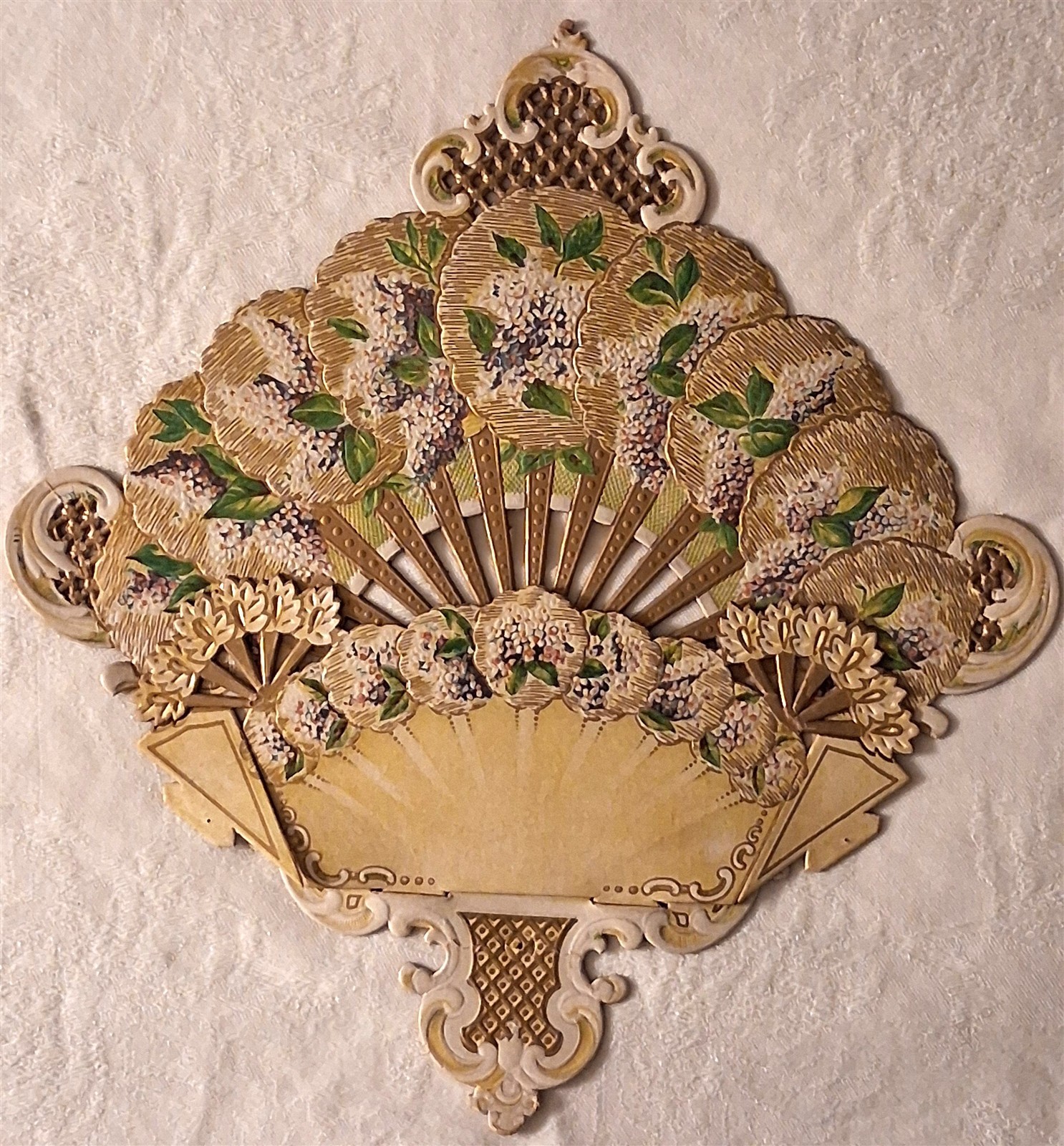 Antique Victorian Die Cut Embossed Floral Fan Christmas Card Wall Pocket 