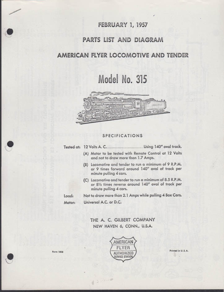 COPY American Flyer Parts List & Diagram Locomotive #315 4-6-2 PRR 2/1 1957
