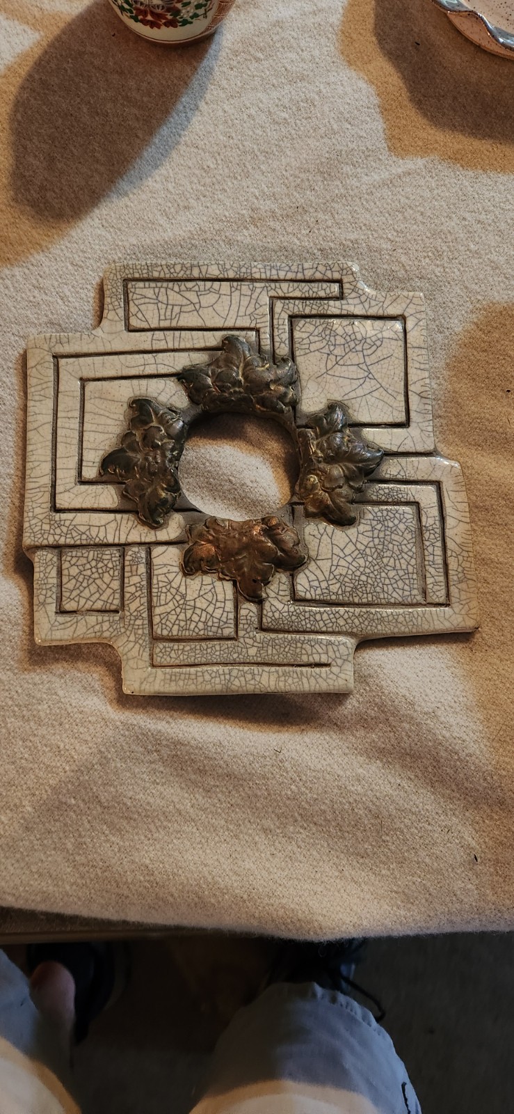 VTG Japanese Flower Frog Crackle Glaze Ceramic Geometric Floral VTG Japanese Flower Frog Crackle Glaze Ceramic Geometric Floral