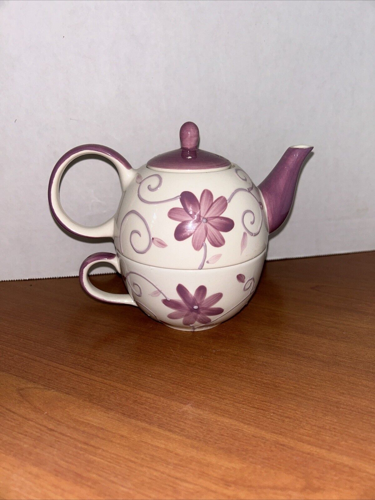 Herman Dodge & Son Hand Painted Stacking Teapot for ONE ~ PURPLE FLOWERS