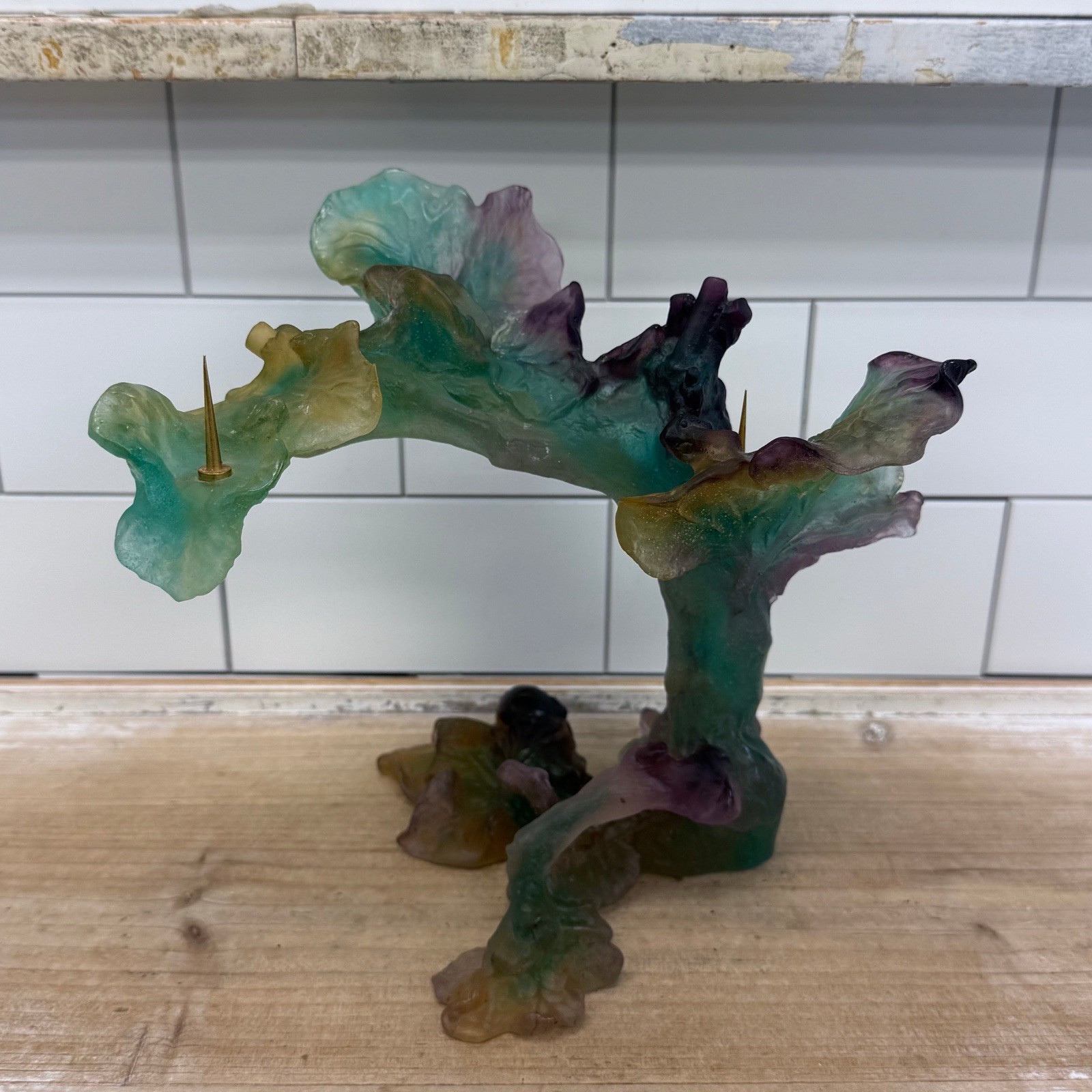 Daum France Pâte de Verre Art Glass Candleholder Green & Purple * Read Daum France Pâte de Verre Art Glass Candleholder Green & Purple * Read