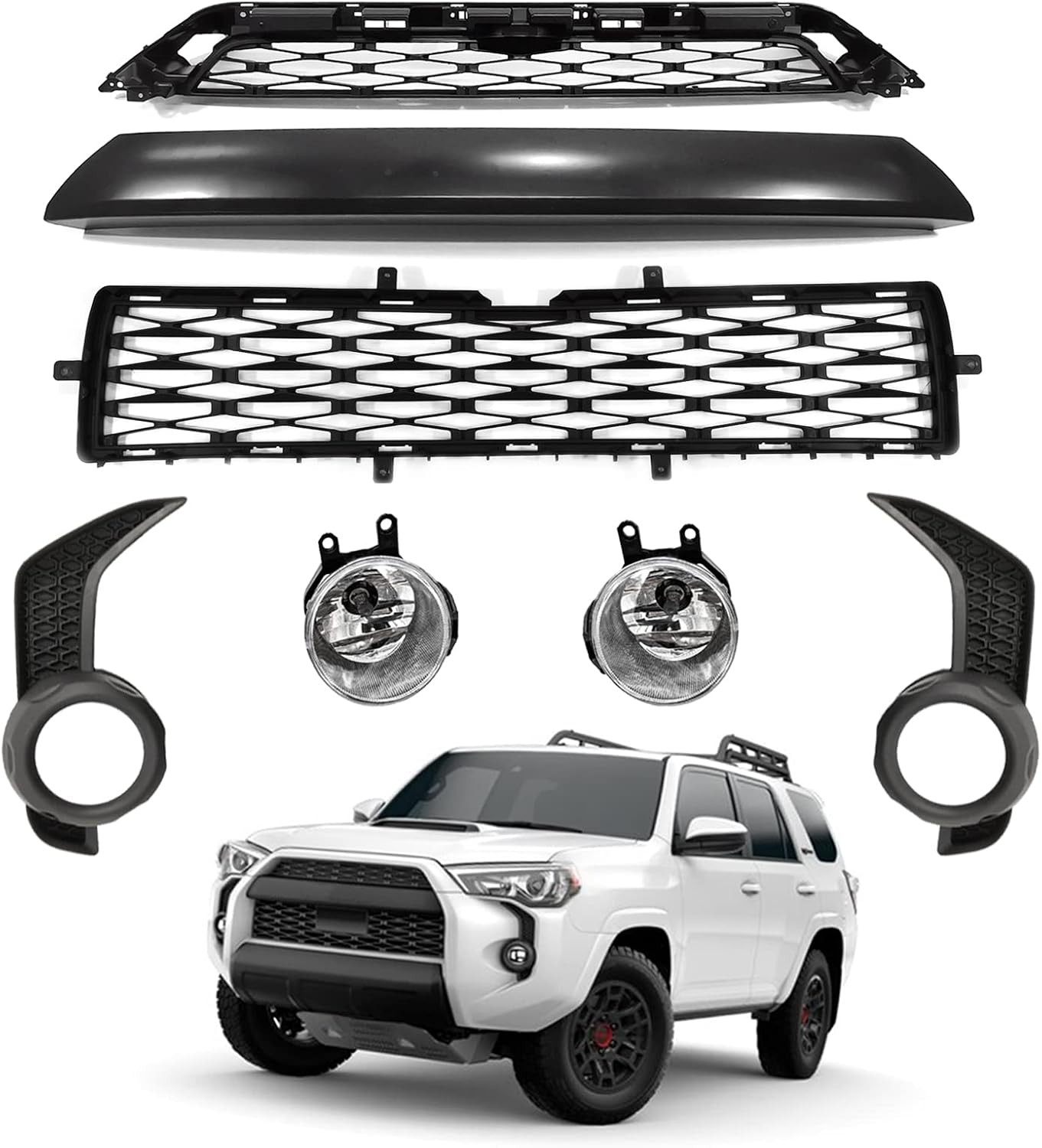 Front Bumper Upper & Lower Grille Assembly + Fog Lights Suit Fit for 2014-2019 T