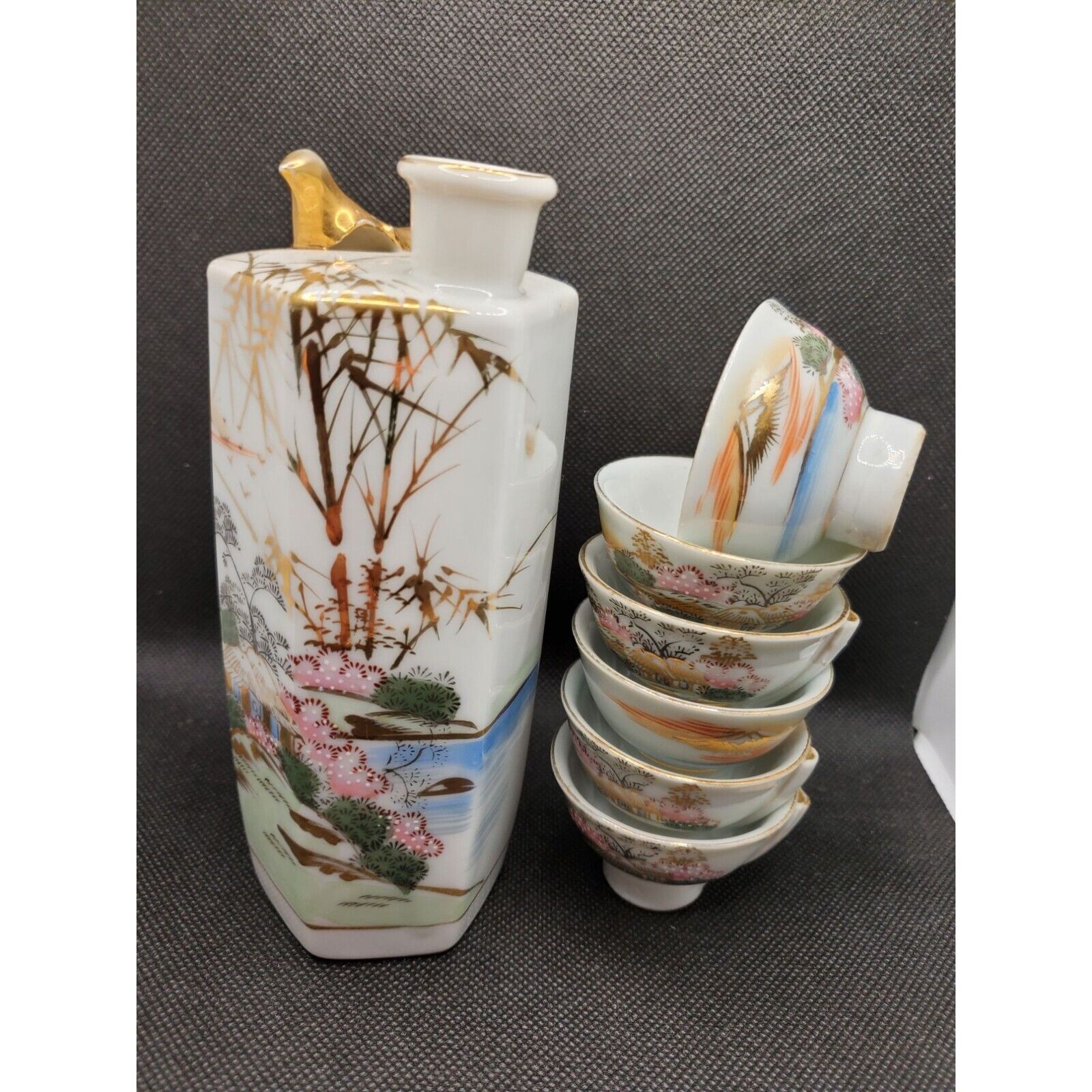 Vintage WHISTLING Kutani Sake Set With Hand-Painted Sake Bottle & 6 Cups