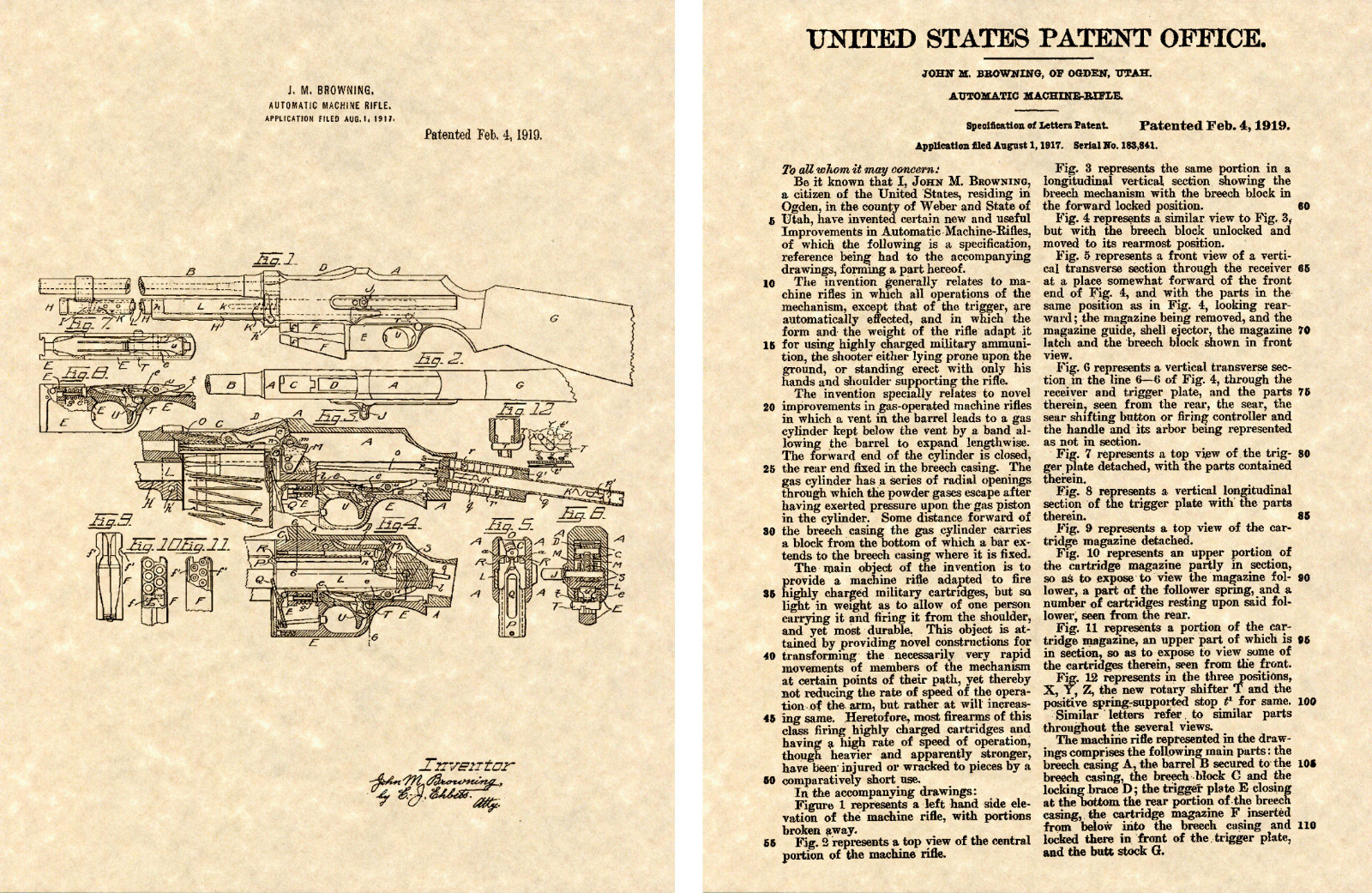 BROWNING AUTOMATIC RIFLE US Patent Art Print - BAR 1917 John Moses Bonnie Clyde