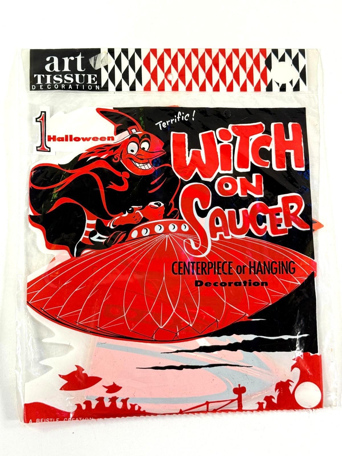 vtg 1950s RARE Witch on Flying Saucer Halloween Centerpiece NOS sealed beistle