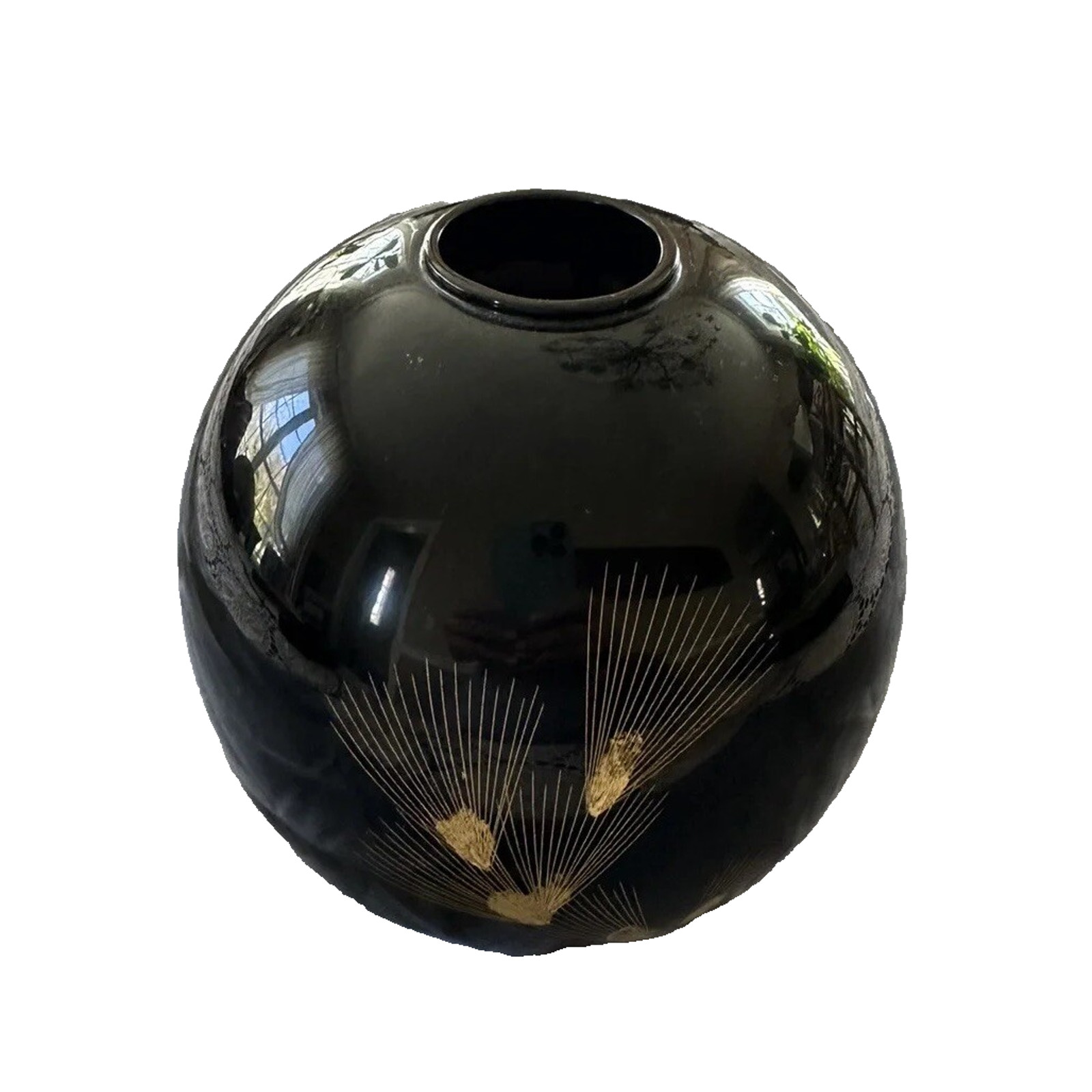Vintage Japanese Lacquerware Vase Black Round Gold MCM 6” Asian Vessel