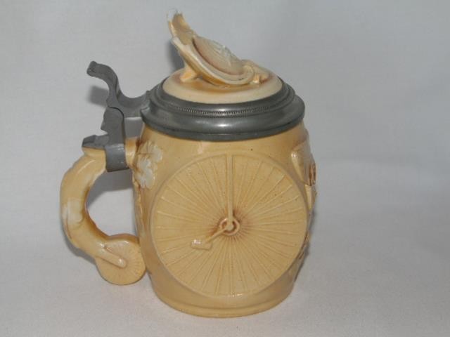 1880s-90s German MUSTERSCHULTZ Lithophane HIGH WHEEL BICYCLE Stein L.A.W.