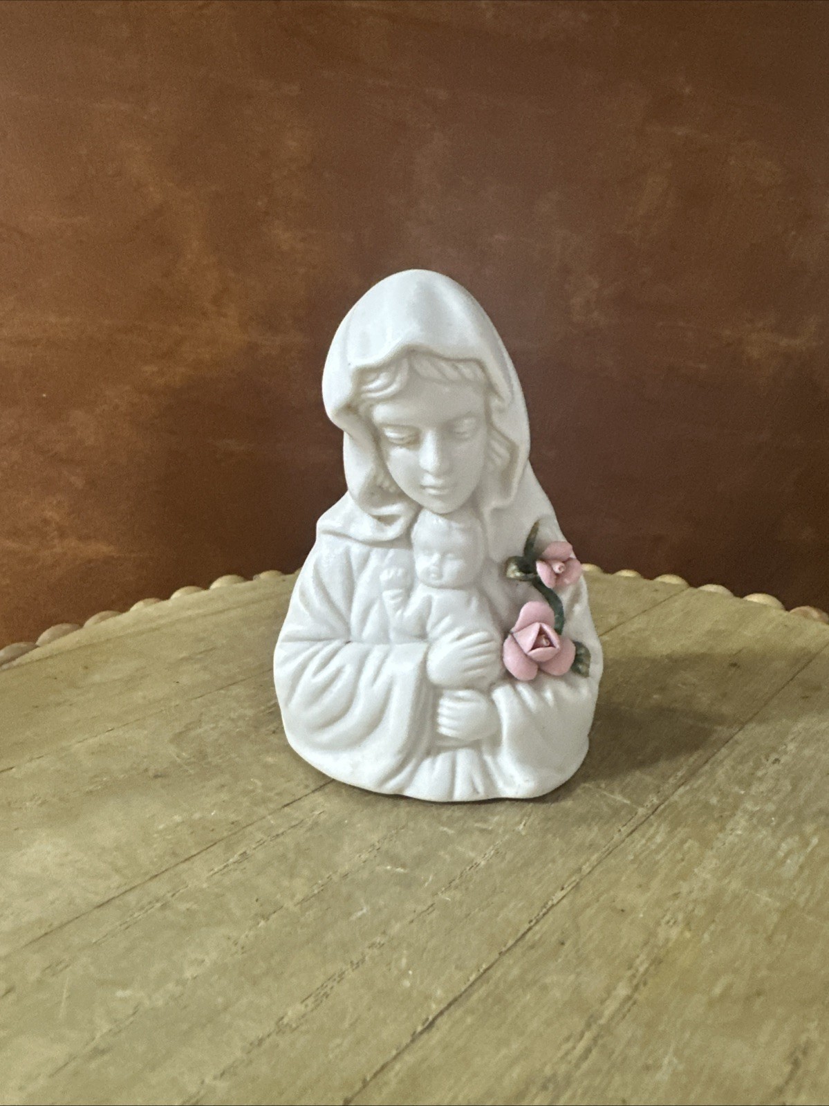 Madonna And Child By Autom - White Bisque Porcelain With Pink Flowers Figurine