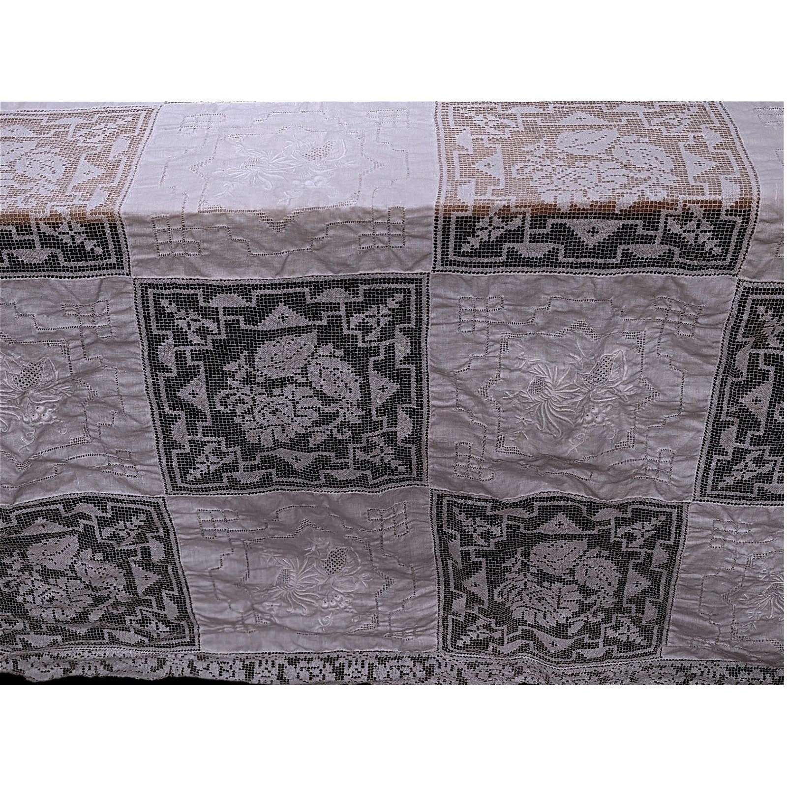Vintage White Linen Tablecloth Hand Embroidered Floral Cutwork Lace 46x84 Rect