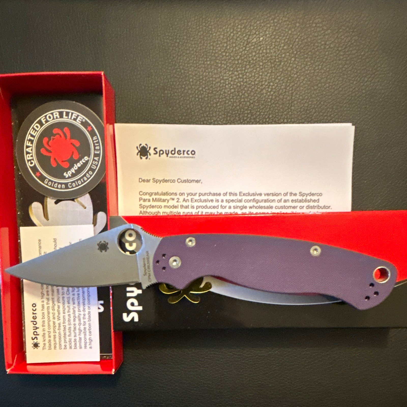Spyderco Para Military 2 DLT  Trading Exclusive CPM Cruwear Purple G-10 Handles