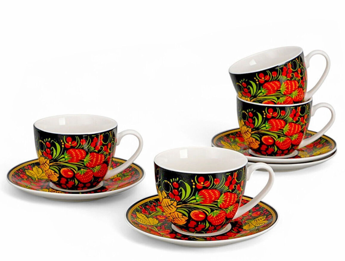 4pc Khokhloma Bone China Teacup & Saucer Set Russian Pattern Tea Cup Set