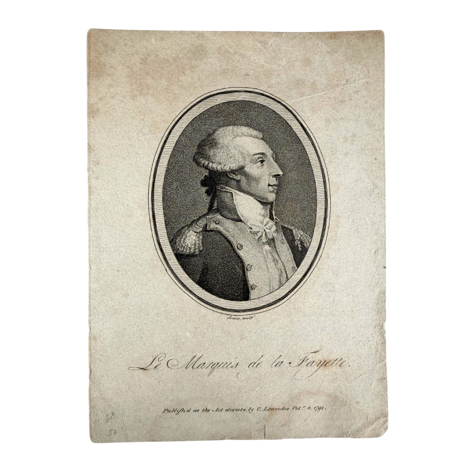 Marquis de Lafayette Engraved Portrait – American Revolutionary War  1792