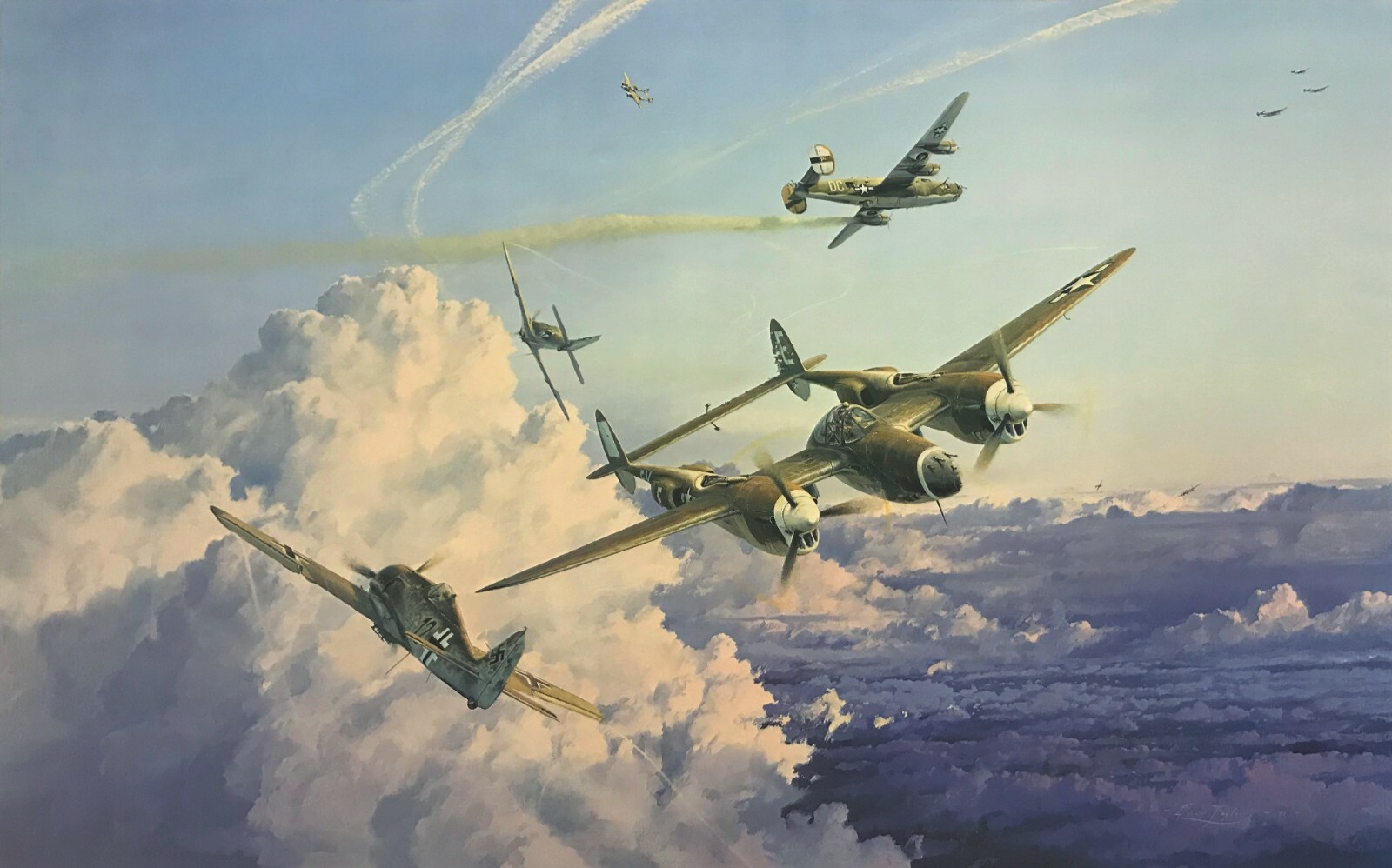 HOSTILE SKY by Robert Taylor aviation art signed by Luftwaffe& USAAF Aces