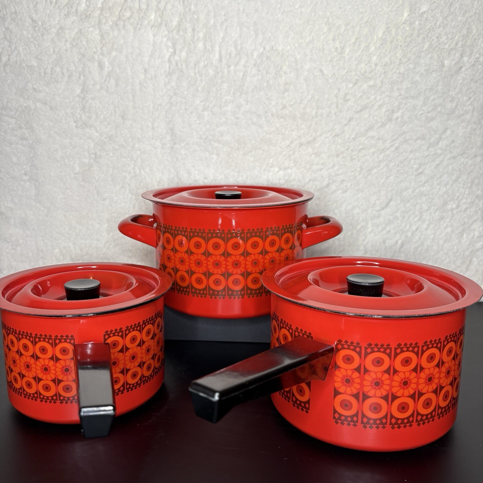 Vintage Kaj Franck Finel Wartsila Arabia Finland Red Daisy Enamel Pots 3 pc Set