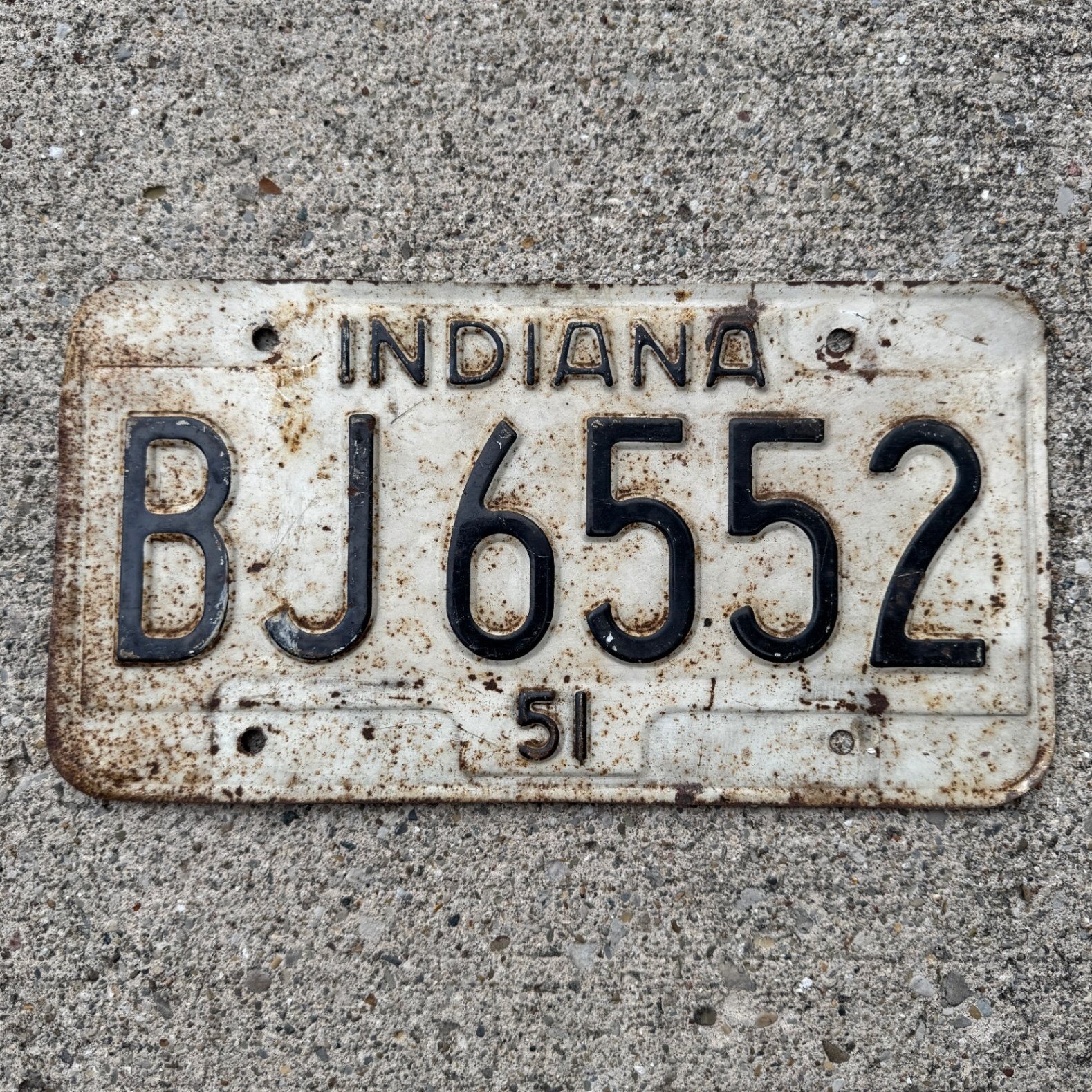 Vintage 1951 Indiana License Plate BJ6552 White Black Metal Authentic Antique
