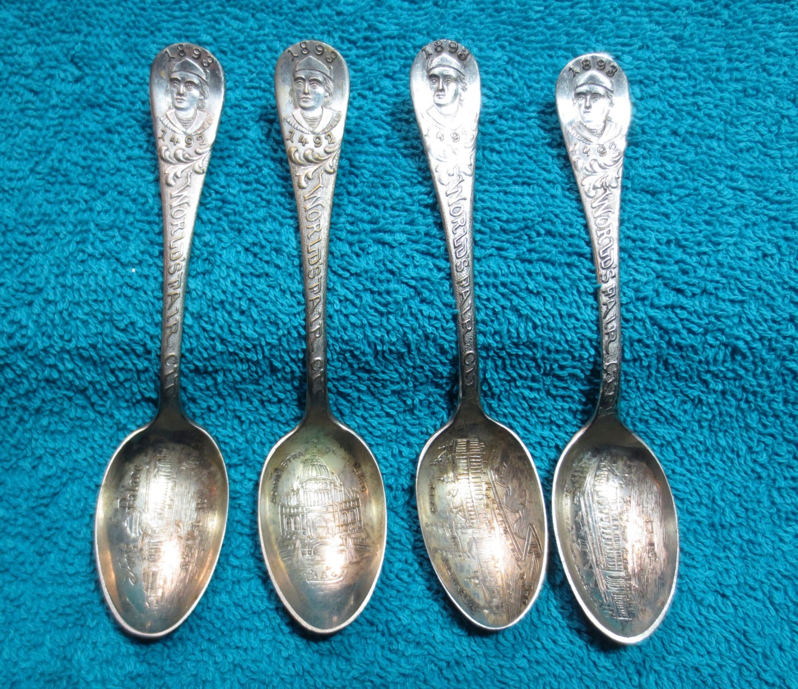 Antique 1893 Worlds Fair Souvenir Spoons Lot of 4 Standard Silver Co Worn Finish
