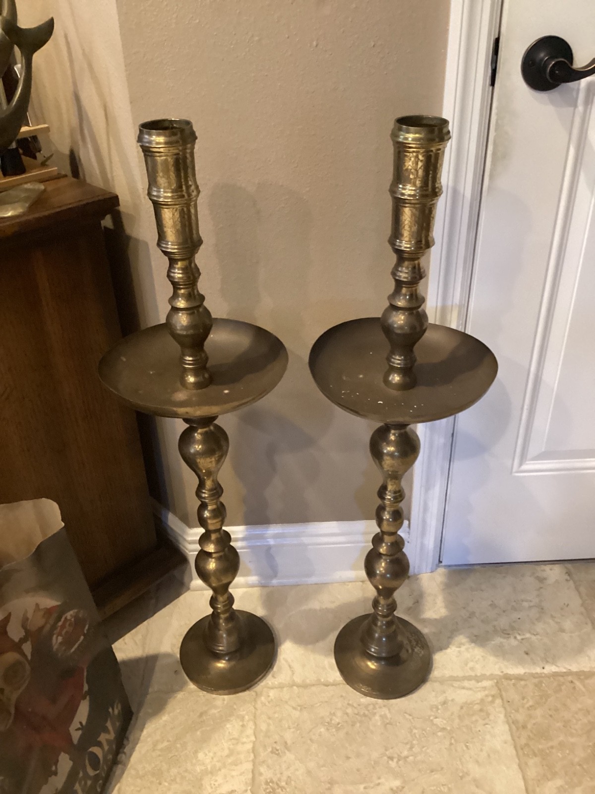 Pair Etched Brass Altar Candle Holders Moroccan Turkish Style Candlesticks 36”