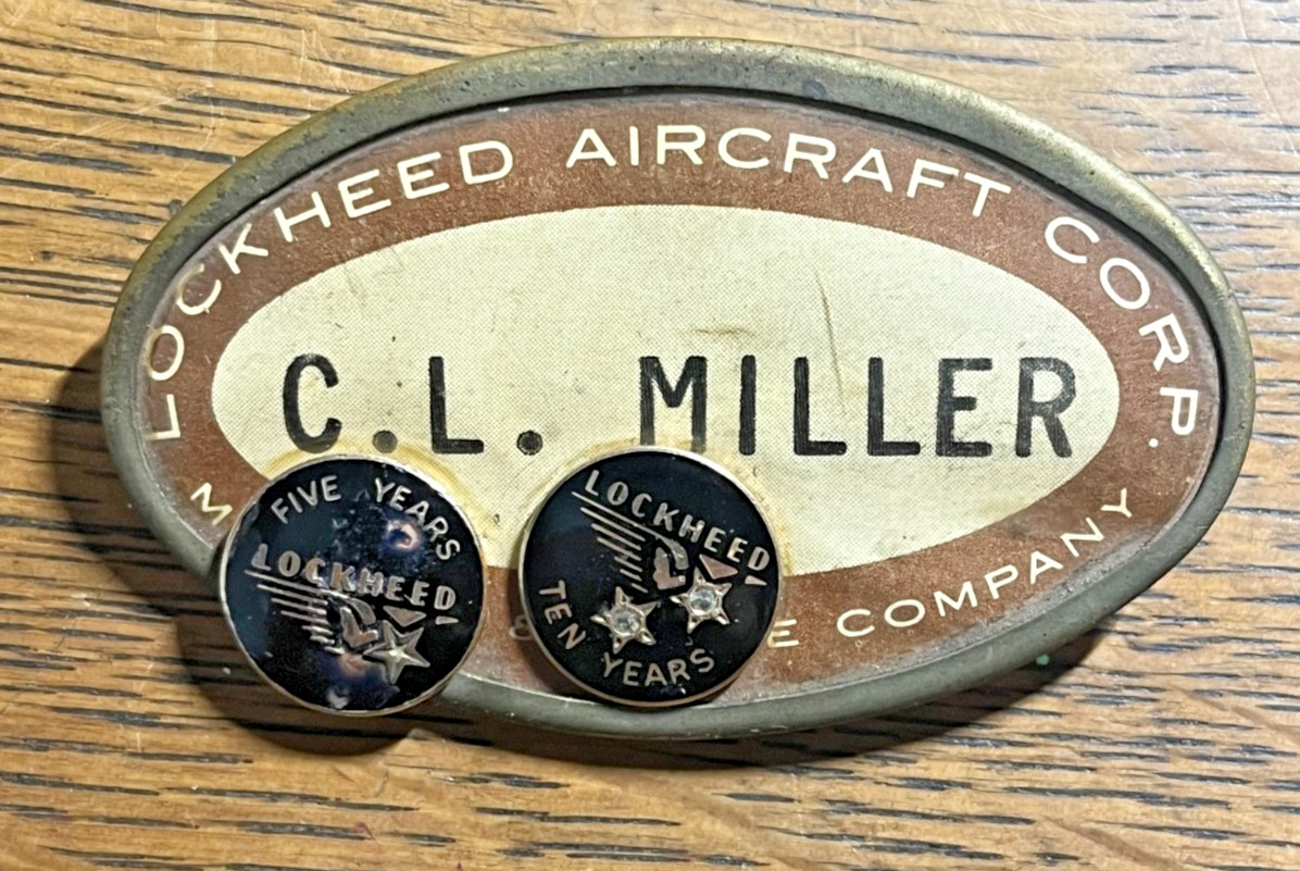 Vintage LOCKHEED AIRCRAFT Badge w/ 5 & 10 Yr. Pins - 10 Yr. is 10K w/ 2 diamond