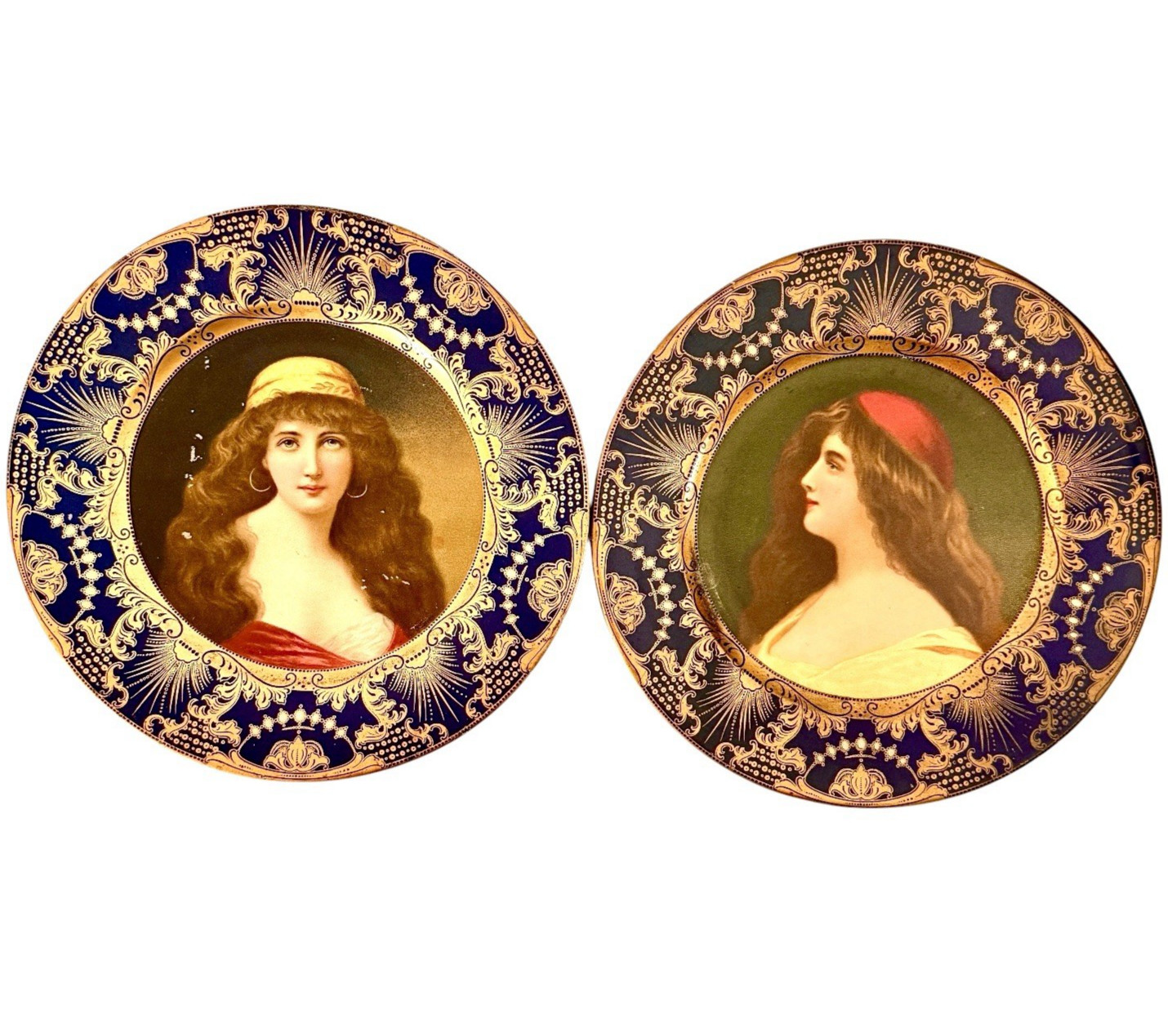 Antique Vienna Art Plates Pair Blue Gold Tin Litho Jeweler Ad 1905 Risque Maiden
