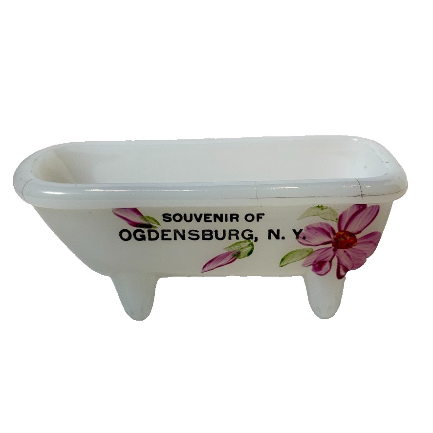 OGDENSBURG NY NEW YORK ANTIQUE Souvenir DEPRESSION MILK WHITE Glass TRINKET TUB