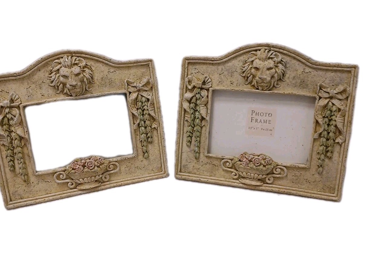 2 Pcs Set 1999 Greek Garden Lion Picture Frame 7x6.5 Floral Textured Ceramic