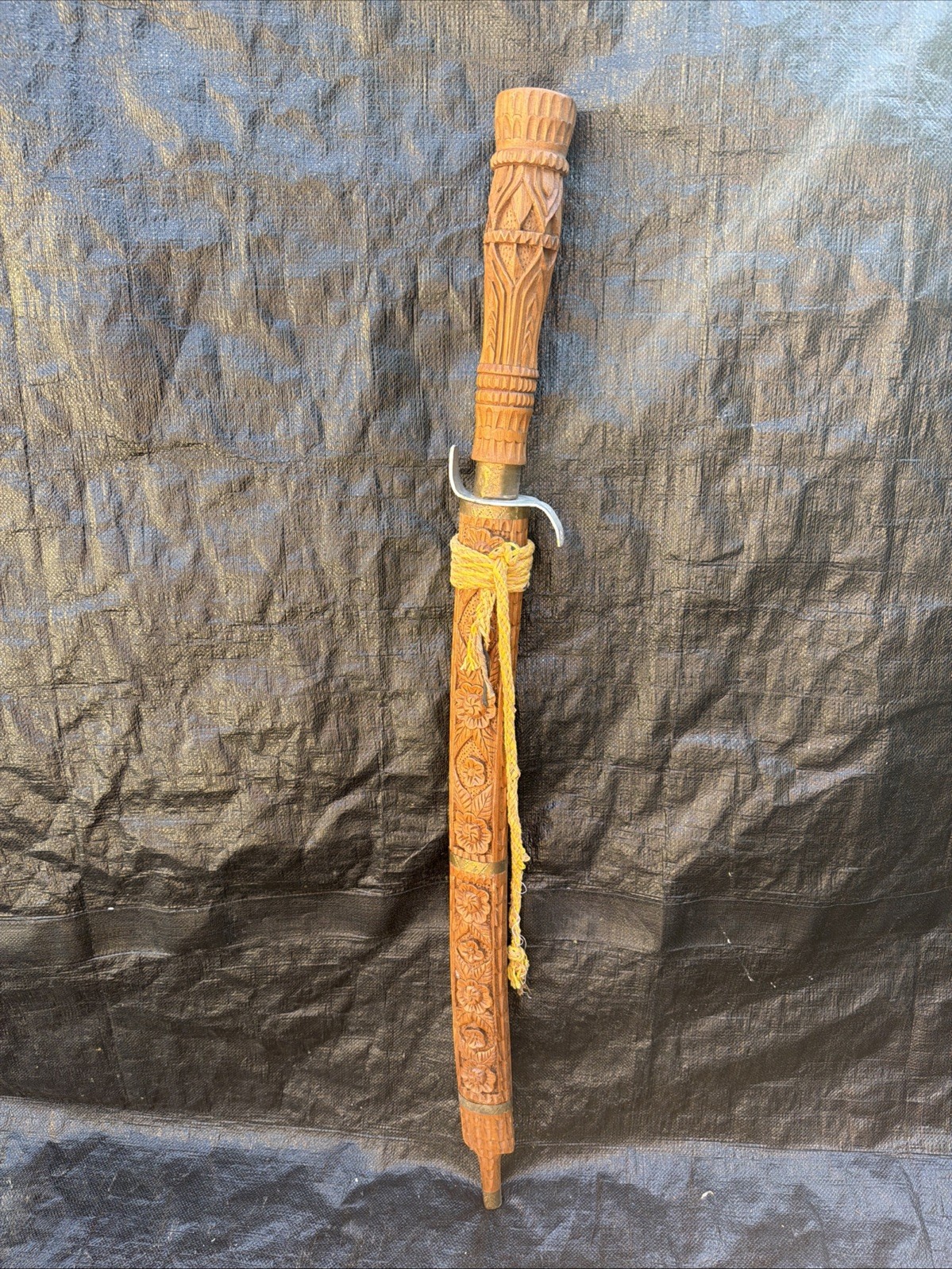 Vintage Thai Dha Sword Hand Carved Wood Scabbard Machete Burmese SIGNED