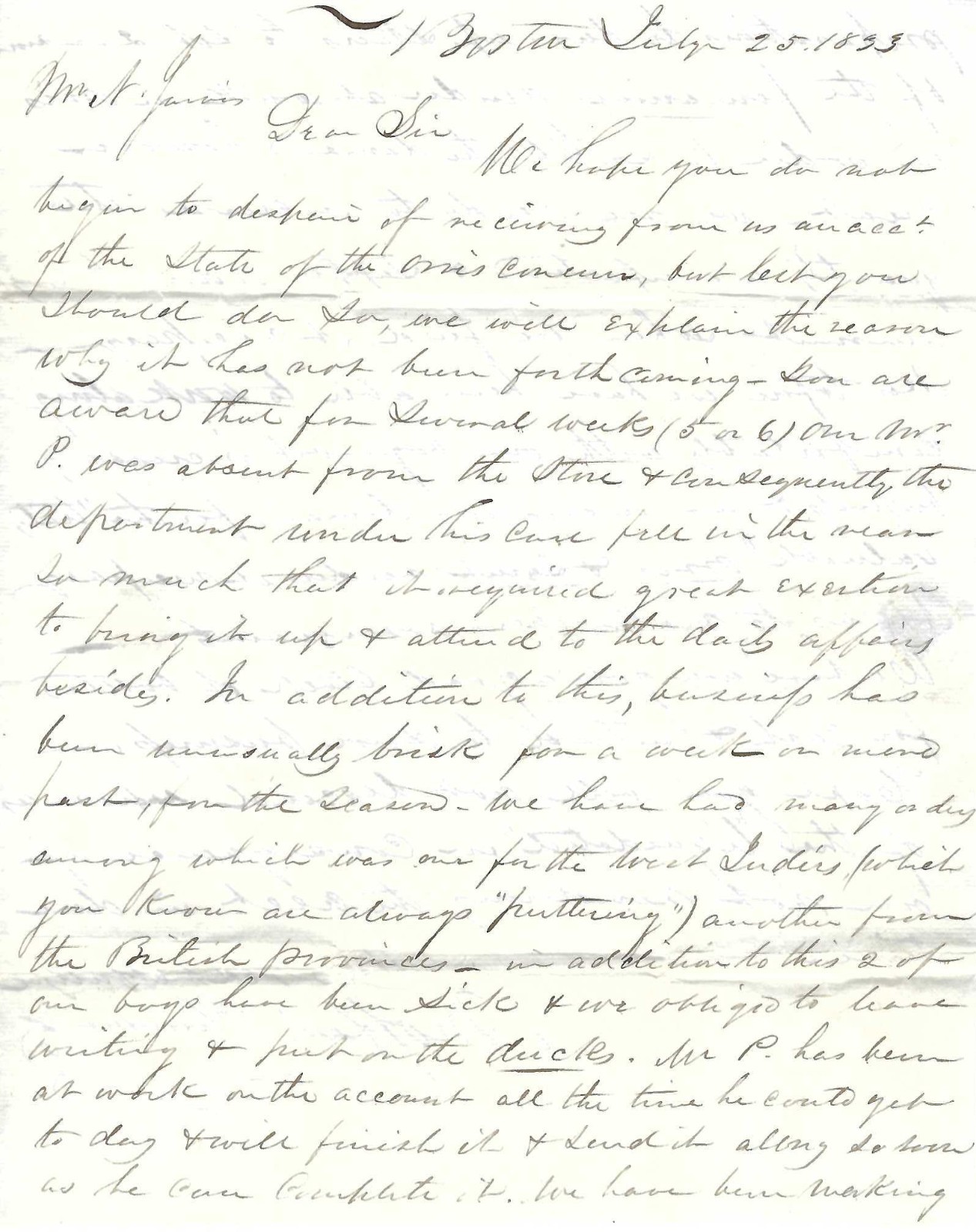 1833 Letter Boston Druggists forced to hire the \