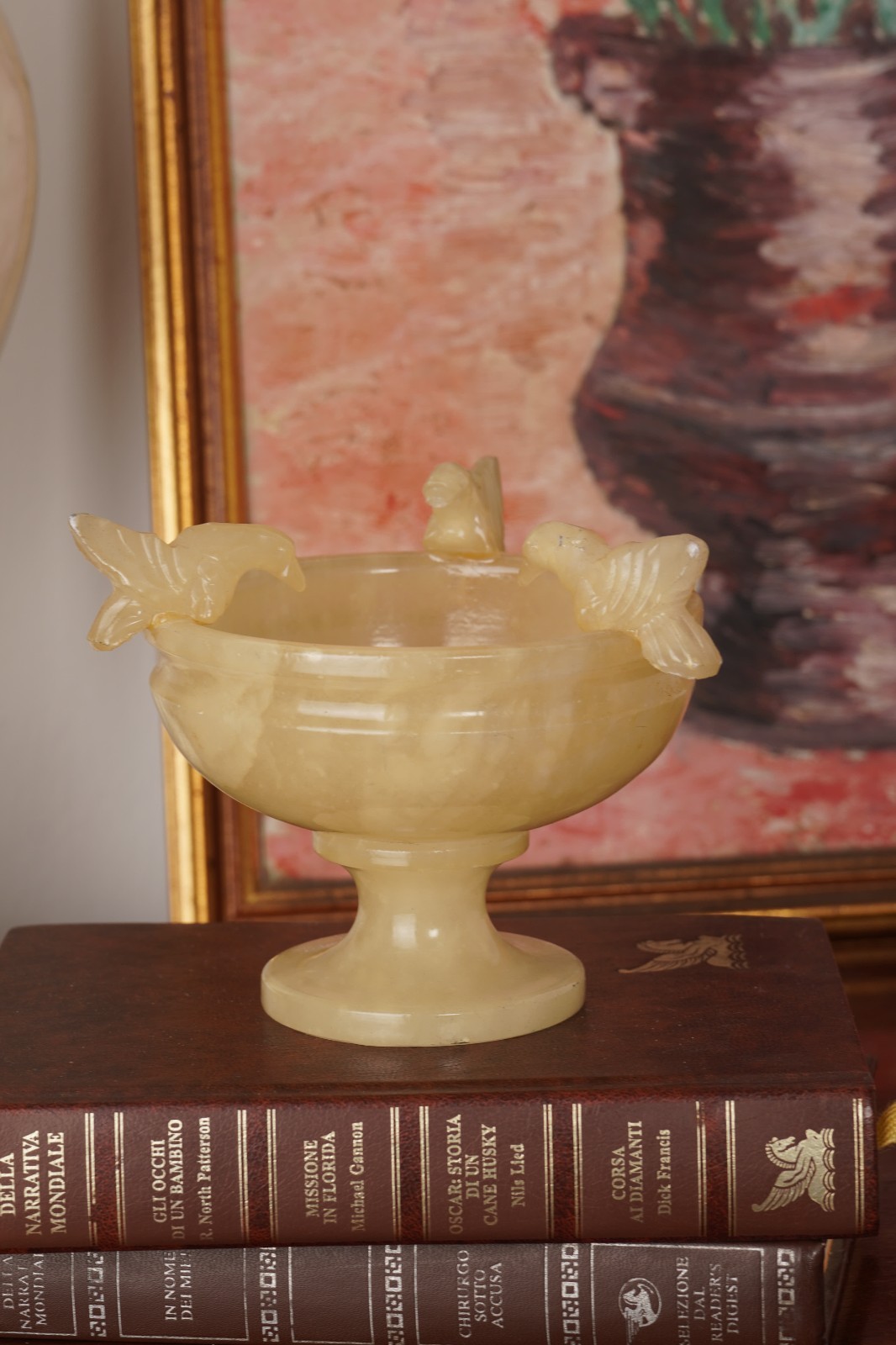  Vintage Spanish Alabaster Bird Bath Pedestal Bowl Carved Birds 5.5in