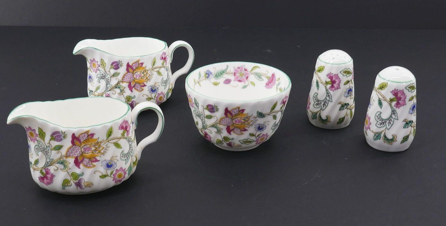 5 Pc MiNTON HADDON HALL FLORAL CHiNTZ GREEN TRiM SALT PEPPER CREAMER SUGAR BOWL