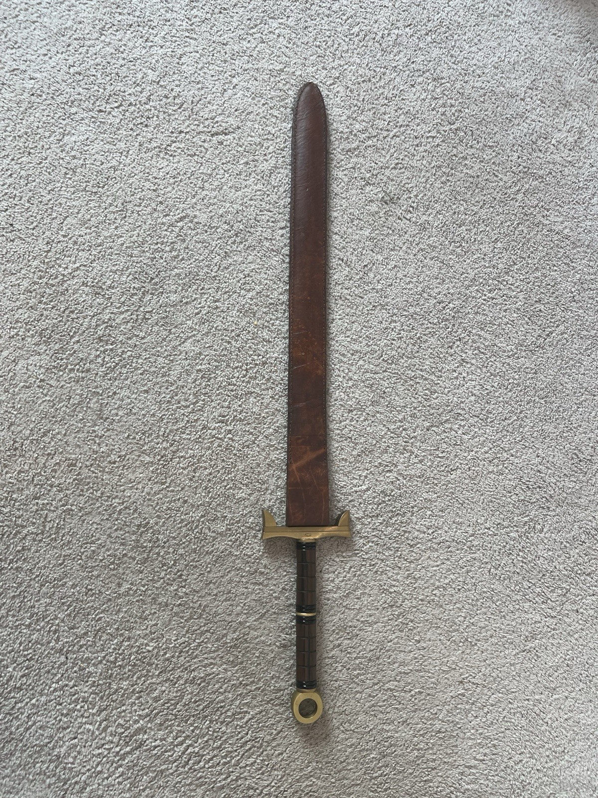 Vintage Iberia Philippines Broadsword Brass Hilt Leather Scabbard Medieval