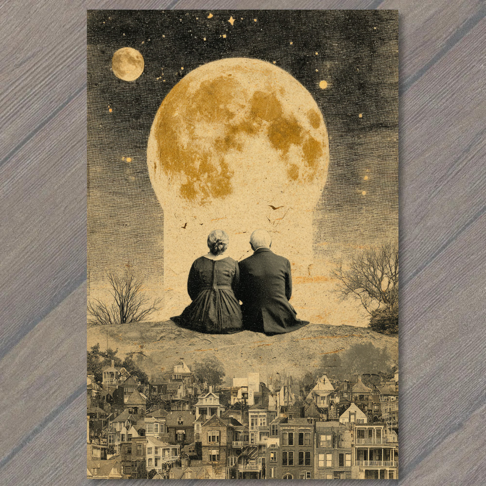 POSTCARD Elderly Couple Watching Giant Moon Surreal Night City Romance POSTCARD Elderly Couple Watching Giant Moon Surreal Night City Romance
