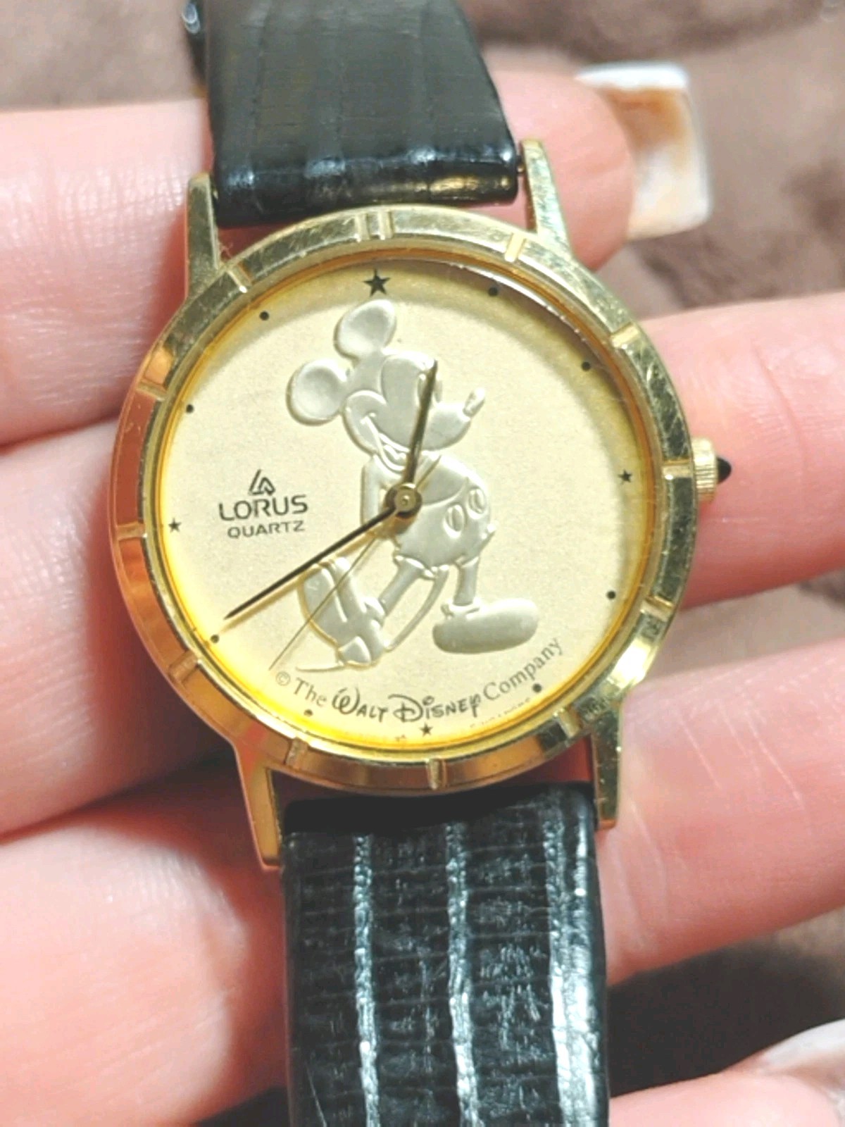 VTG Lorus Gold Coin Mickey Mouse Disney Watch on Black Leather Strap, Rare