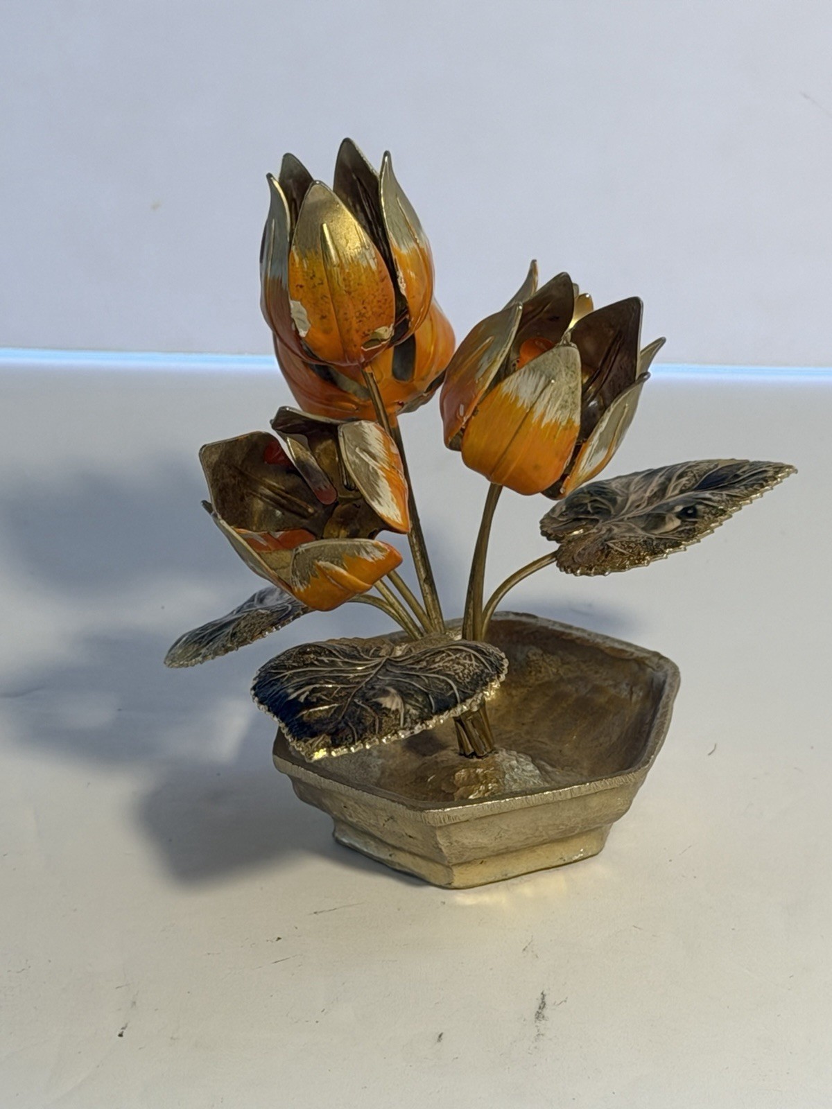 Vintage 60\'s Metal Flower Vanity Sculpture Figurine 24K Plated