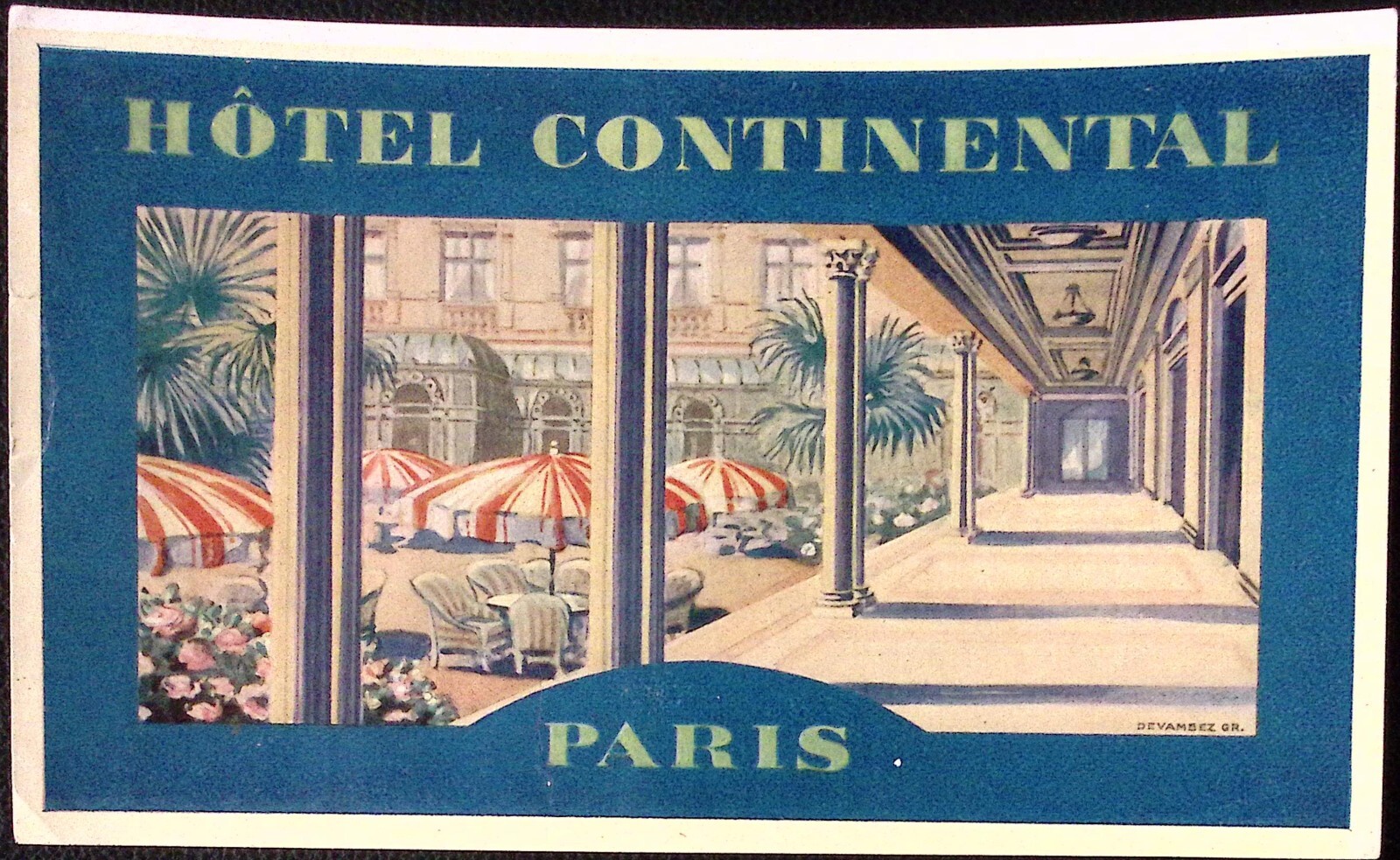 Hotel Continental Paris Patio Cafe View Vintage Luggage Label 3.5 x 5.75