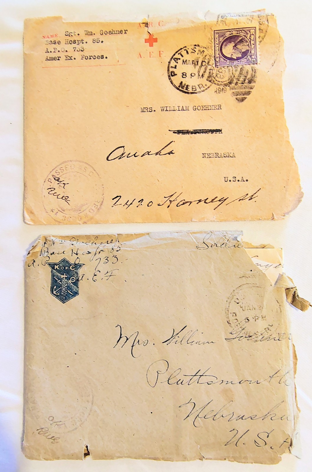 Two 1919 Letters From Military Husband To Wife Helen With K Of C & Prpl WA Stamp