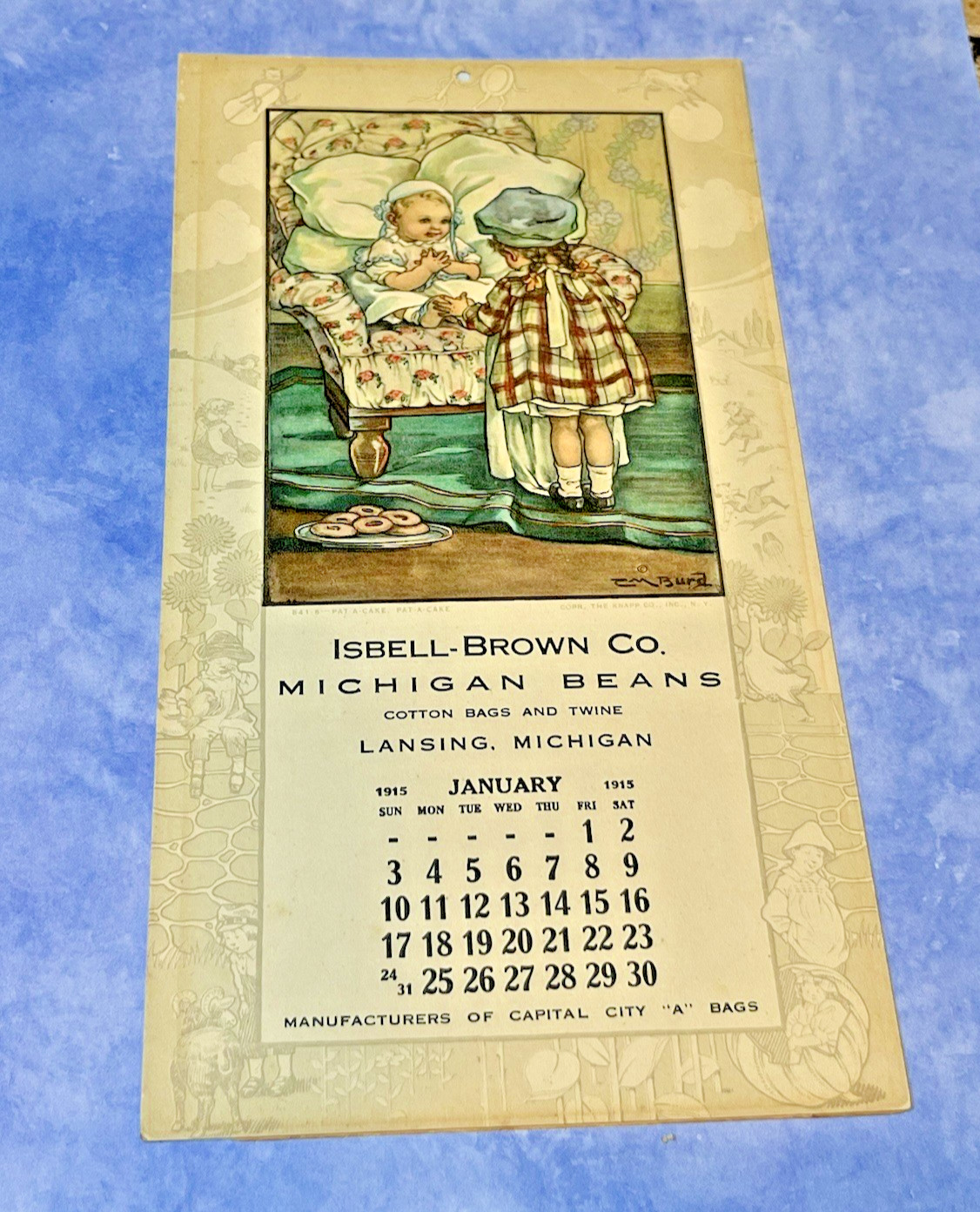ANTIQUE JANUARY 1915 NURSERY RHYME ADVERTISING CALENDAR BY CLARA BURD LANSING MI ANTIQUE JANUARY 1915 NURSERY RHYME ADVERTISING CALENDAR BY CLARA BURD LANSING MI