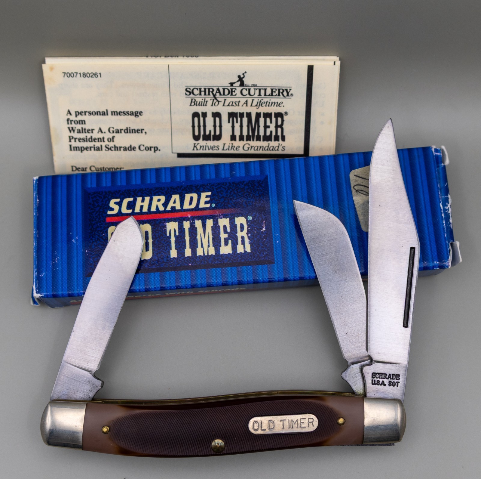 Vintage Schrade USA 8OT Old Timer Stockman Pocket Knife 3-Blade Brown Delrin NOS