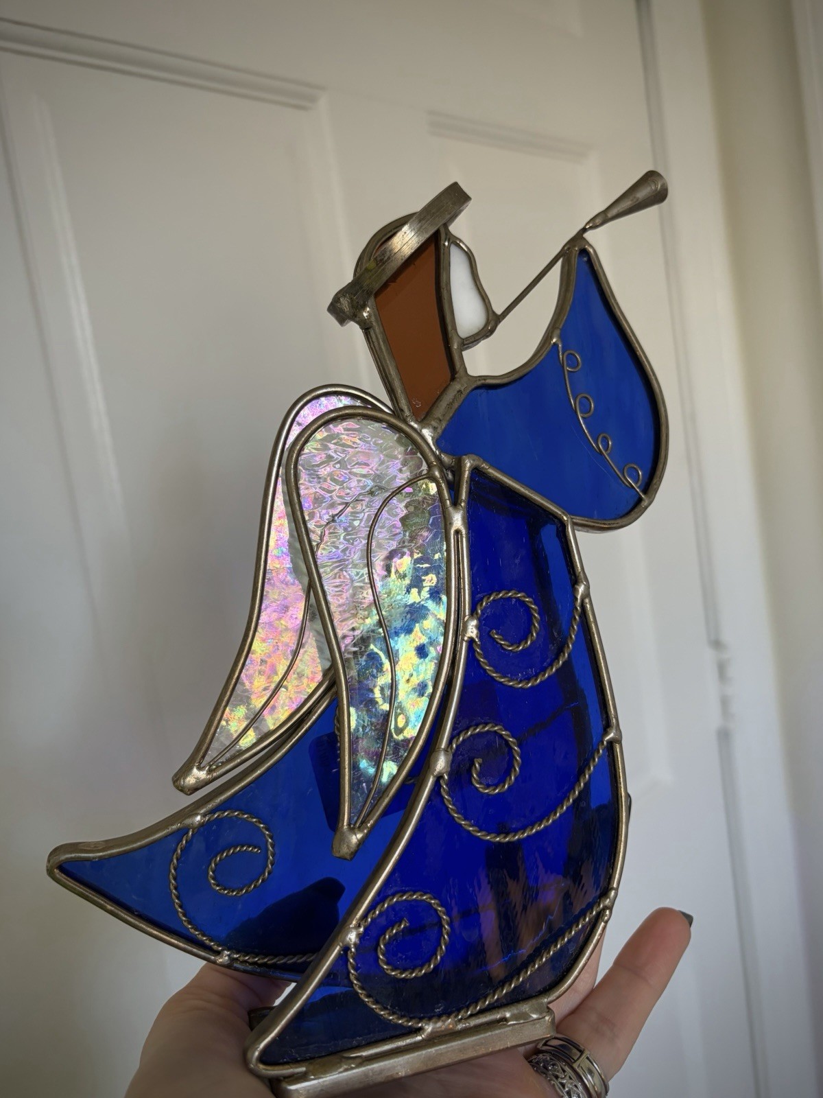 Handmade Stained Glass Angel Figurine Cobalt Blue Iridescent Wings Artisan 9inch